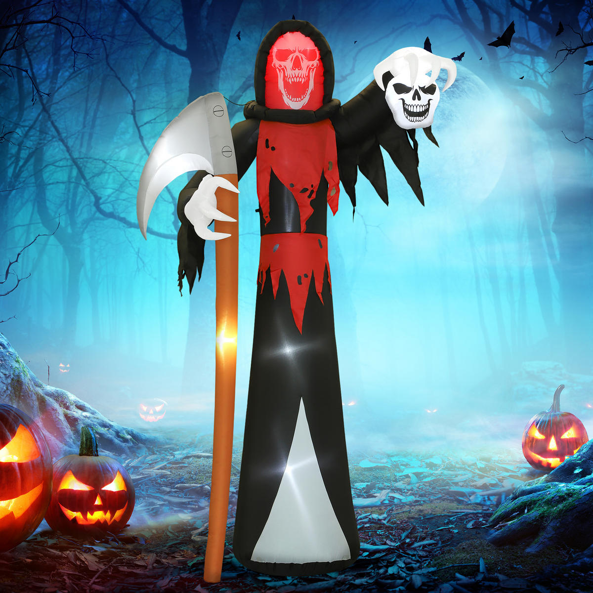 HALLOWEEN-DEKORATION 3,7 m riesiger Sensenmann mit LED-Beleuchtung für Outdoor - Schwarz, Textil (115/370/205cm) - Outsunny