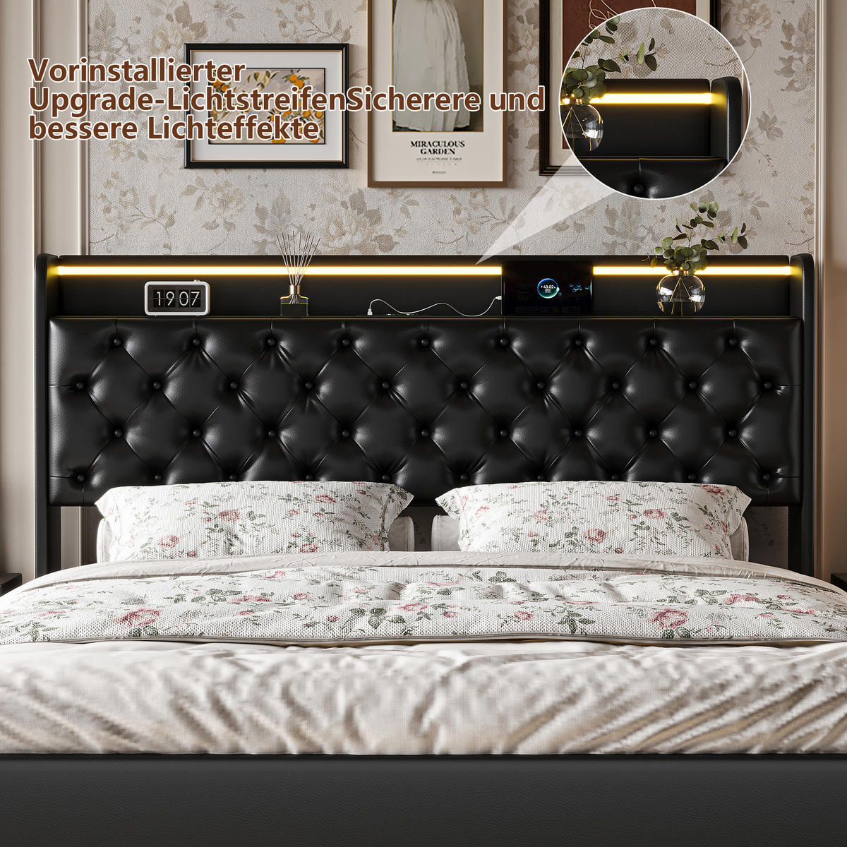POLSTERBETT 160x200 cm LED USB Stauraum Lattenrost PU Leder schwarz - Schwarz, Holz (160/200cm) - LEBENLANG