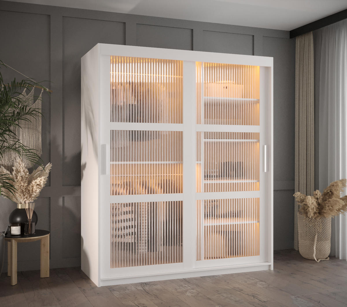 SCHWEBETÜRENSCHRANK 200/150/62 2-türig - Silberfarben/Weiß, Holz/Kunststoff (150/200/62cm) - Abiks Möbel