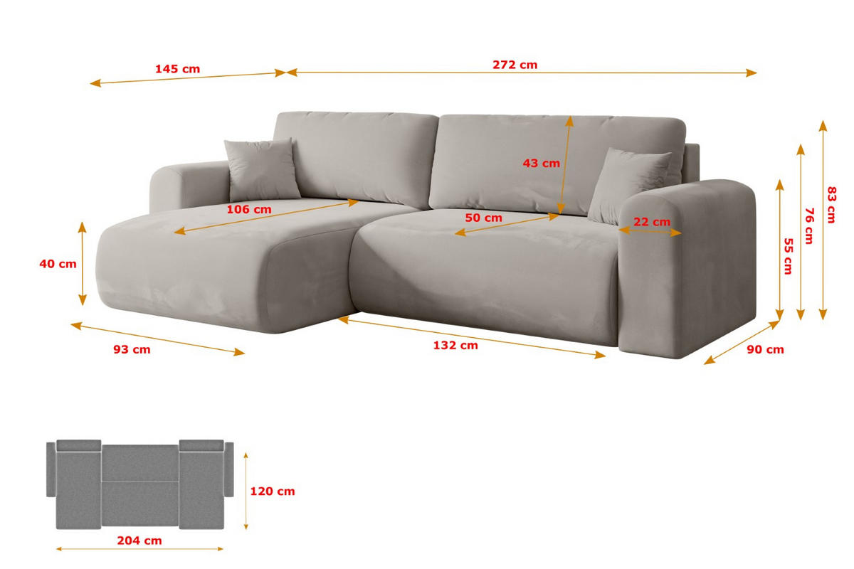 ECKSOFA mit Schlaffunktion und Bettkasten ORRO-L - 272x145x83 cm Hellbraun Velours - Hellbraun/Schwarz, Holzwerkstoff/Kunststoff (272/145cm) - ALTDECOR