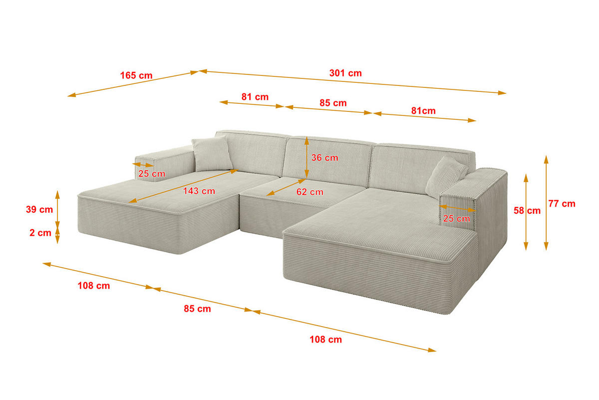WOHNLANDSCHAFT IREA-U1-v4 - 301x165x77 cm Hellgrau - Ecru, Holzwerkstoff/Textil (301/77/165cm) - ALTDECOR