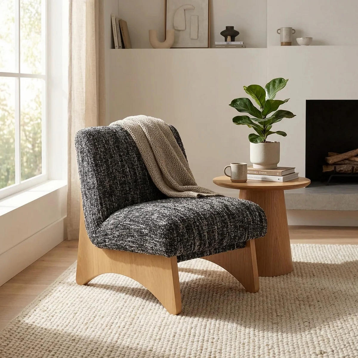 SESSEL Tommy, Natur Massiveiche + schwarz-weißer Stoff - Multicolor, Holz (73/86/88cm) - WOODEK