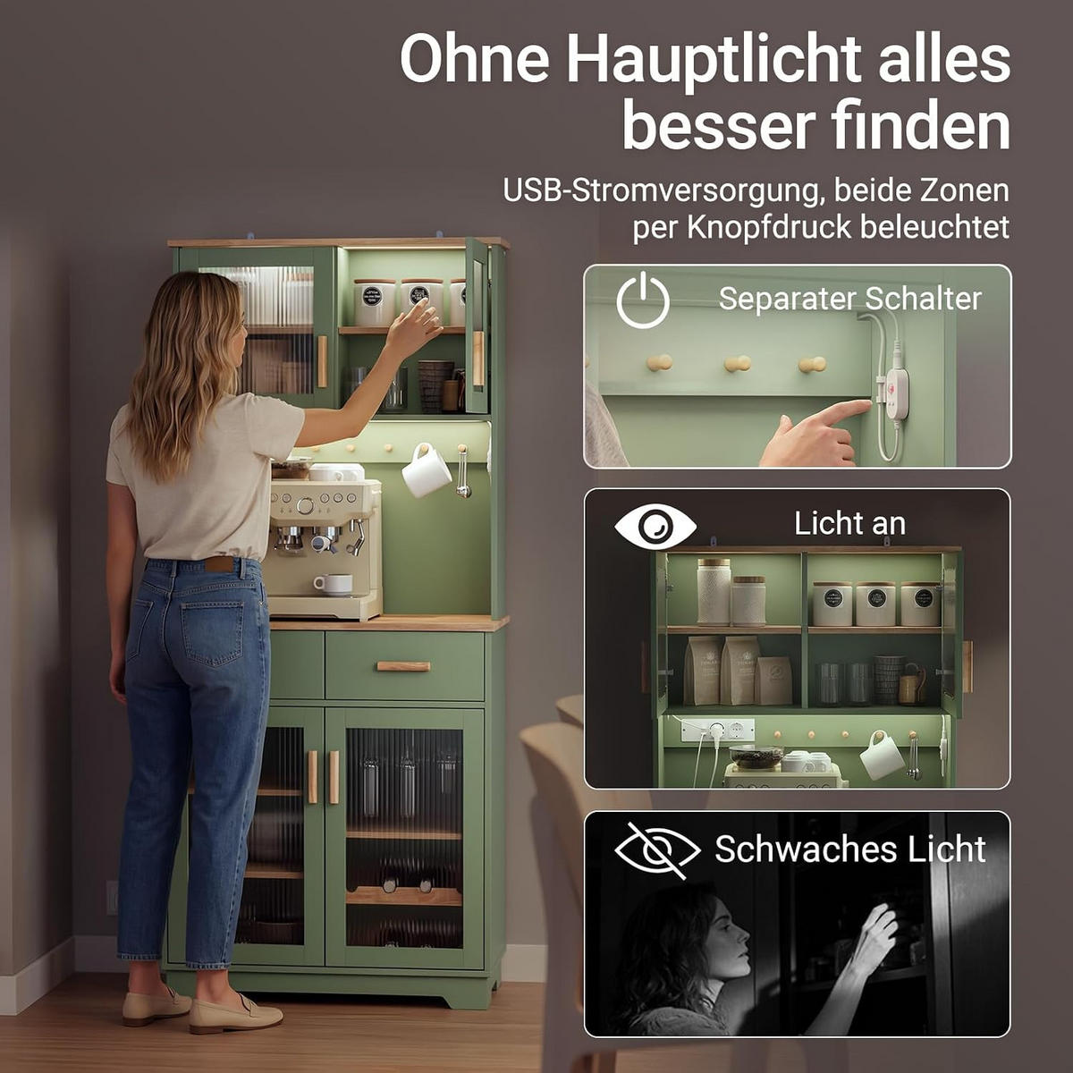 SIDEBOARD mit Weinregal und Glastüren, Küchenschrank Grün 80x40x180 cm - Grün, Glas/Holzwerkstoff (78/180/38cm) - SoBuy