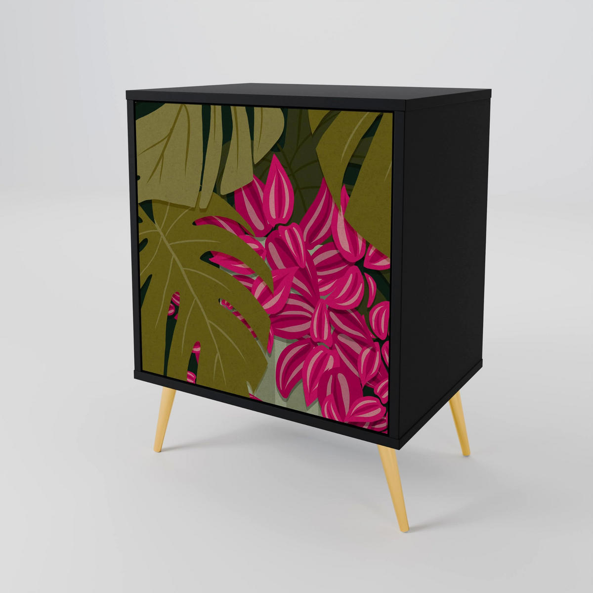 SIDEBOARD TROPICAL BEAUTY, Schwarz, 57,5x42x72,5 cm, Schwarze Metallfüße - Multicolor/Schwarz, Holzwerkstoff/Metall (57.5/72.5/42cm) - SpaceRebels