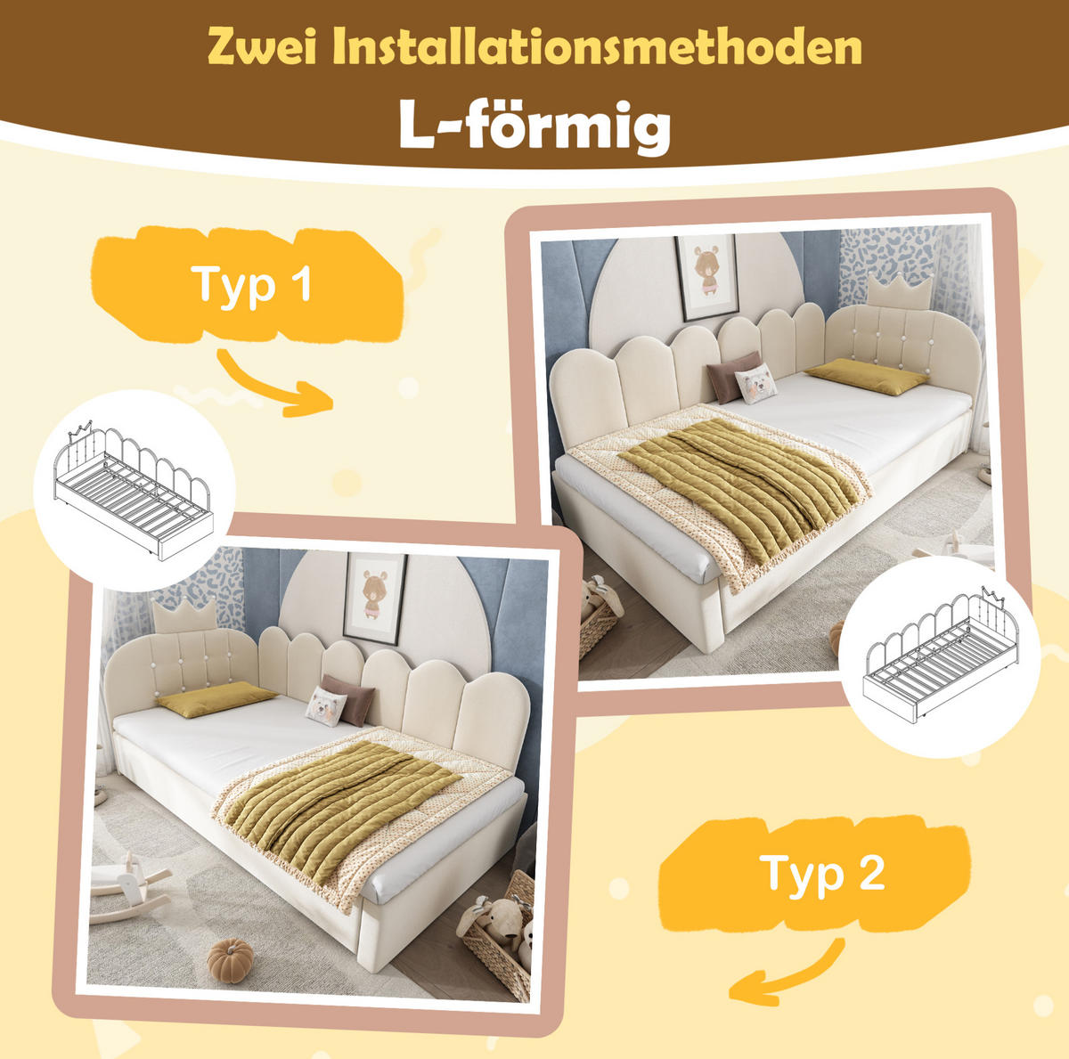 KINDERBETT aus Samt 90x200 cm Beige mit Ausziehbett, Kronen- und Gitterdesign - Beige, Textil (90/200cm) - Modfu