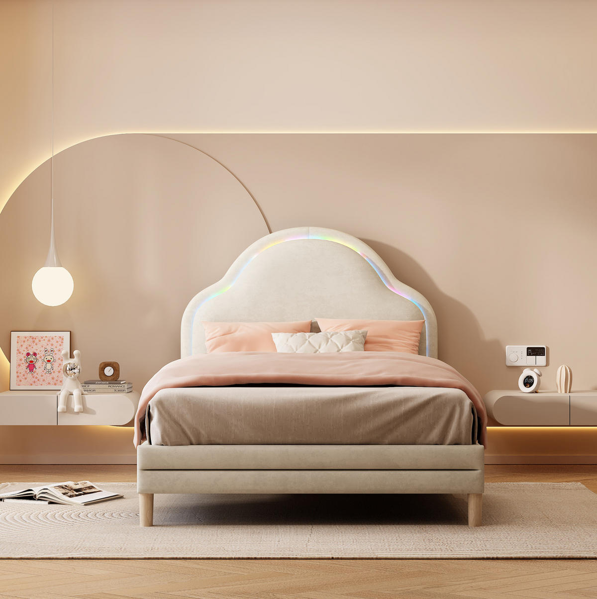 POLSTERBETT 90/200 cm aus Samt in Beige mit LED-Beleuchtung und Wolken-Kopfteil - Beige, Textil (90/200cm) - Flora Grace