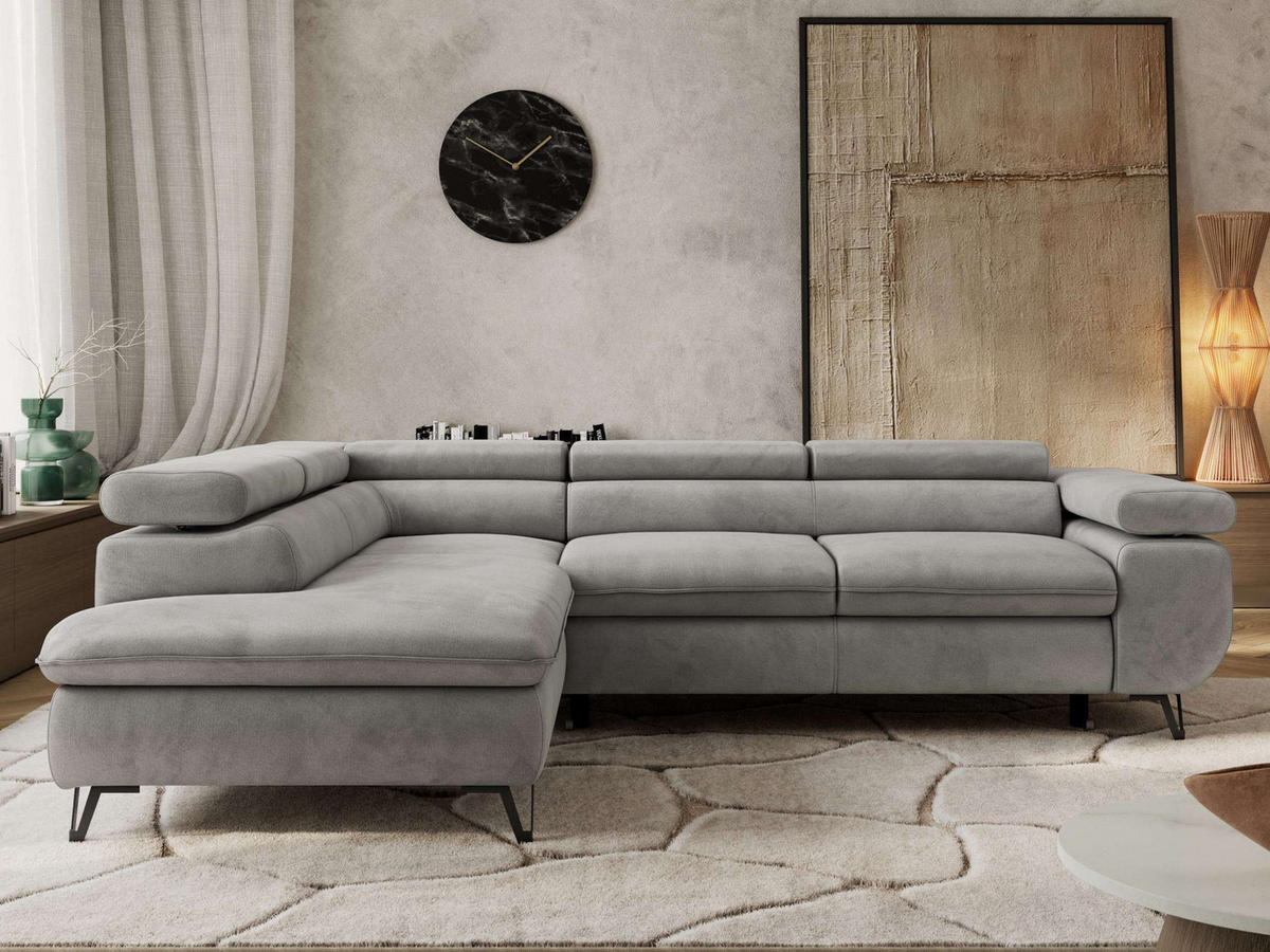 ECKSOFA PABLO L Hellgrau Velvet - Links Seite mit Visco Topper - Hellgrau/Schwarz, Textil/Metall (208/273cm) - MKS