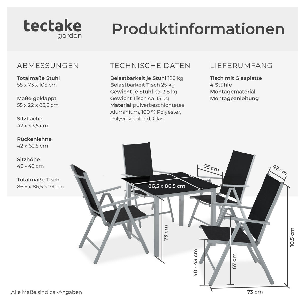 SITZGRUPPE Stabia,Tisch mit Sicherheitsglasplatte und Ausgleichsschrauben,silber - Silberfarben, Naturmaterialien/Kunststoff - tectake