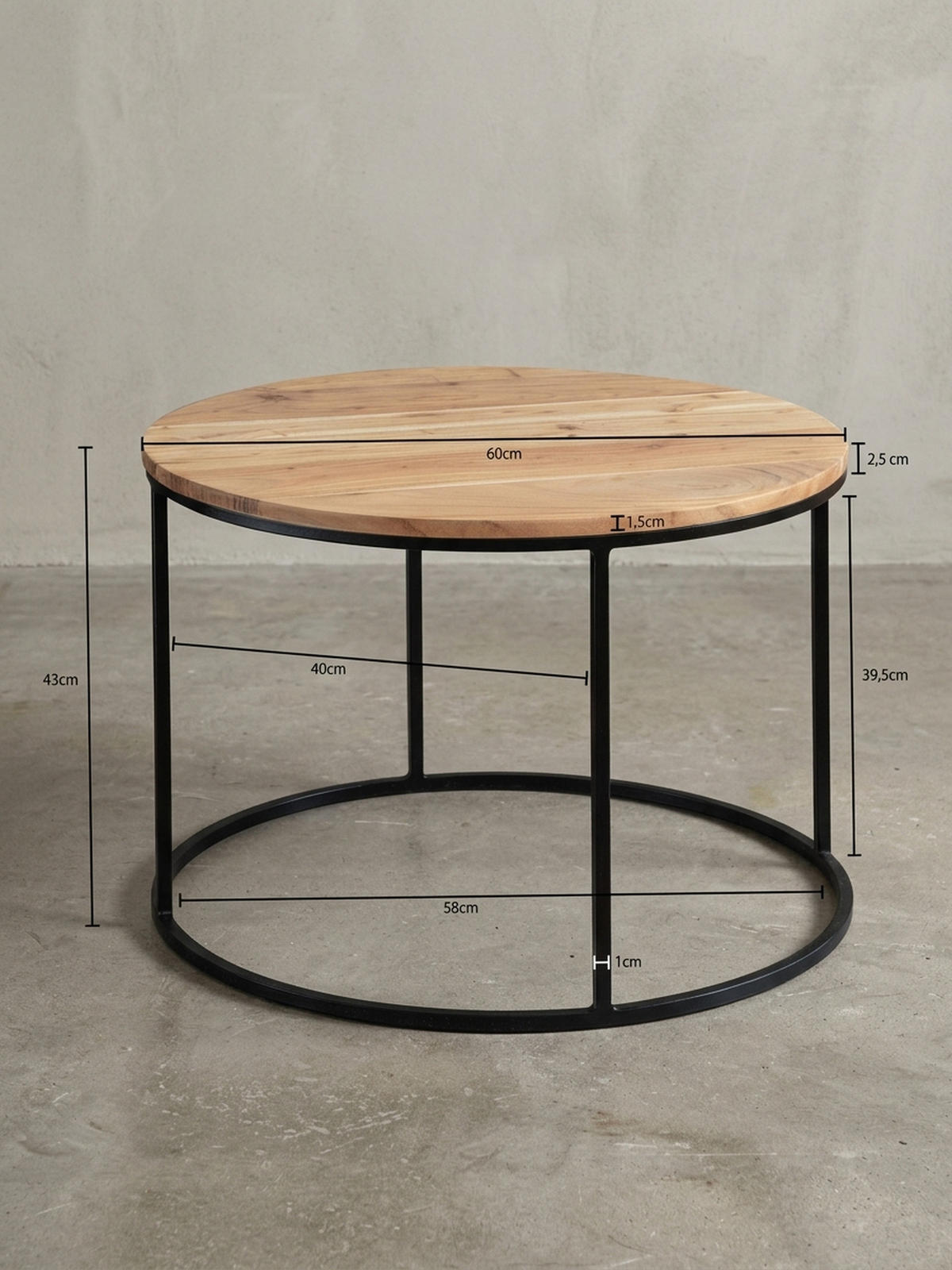 COUCHTISCH Naturholz mit stabiler Konstruktion und runder Ablage, Belastbarkeit 50 kg - Beige/Schwarz, Holz/Metall (60/60/43cm) - KADIMA DESIGN