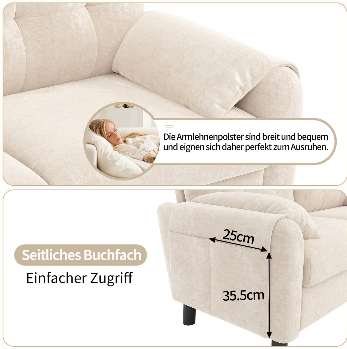 2-SITZER Sofa Chenille mit Seitentaschen und 2 Kissen 158/80/88,5 cm Beige - Beige, Textil (80/88.5/158cm) - Redom