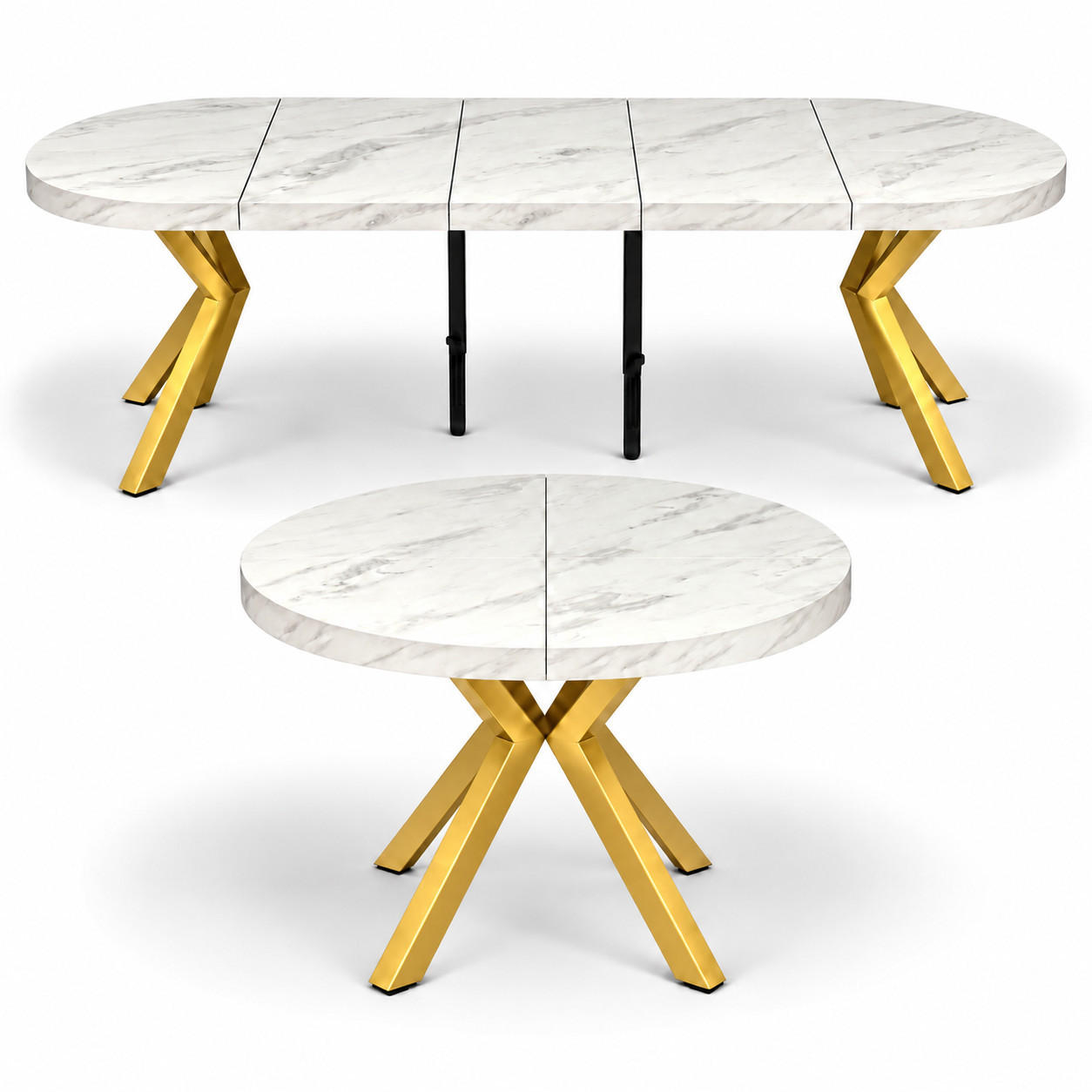 ESSTISCH rund ausziehbar 100/300/76 cm, Marmor, 54 cm Tischplatte + X Metallbeine Gold - Goldfarben/Hellgrau, Holzwerkstoff/Metall (100/300/76cm) - Damale Möbel