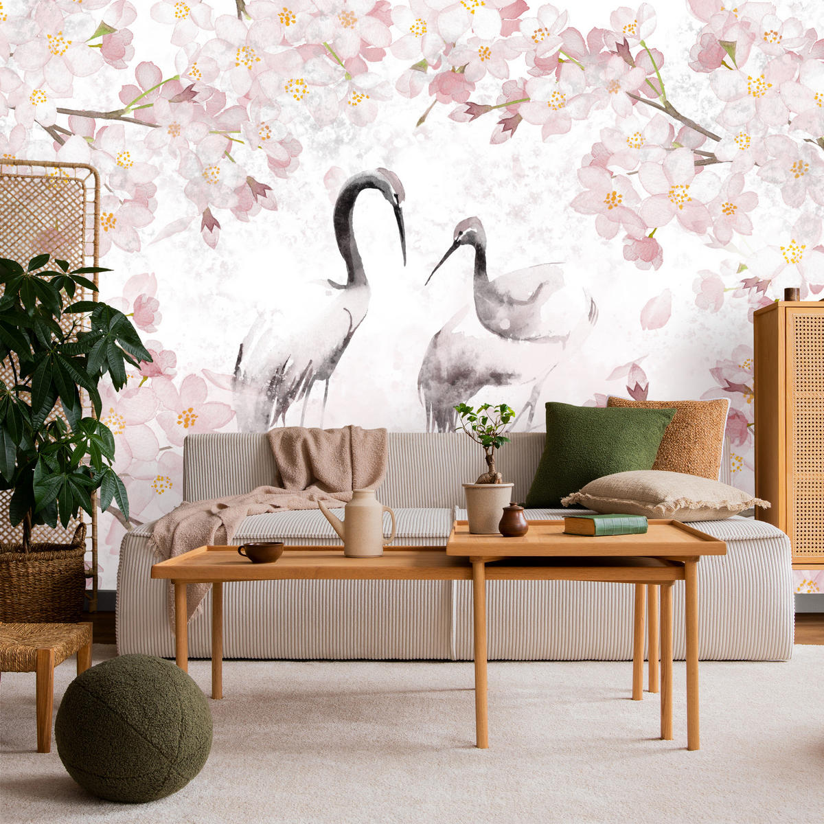 FOTOTAPETE Kraniche Kirschblüten Natur Aquarell 150x105 - Beige/Schwarz, Papier (150/105cm) - Muralo