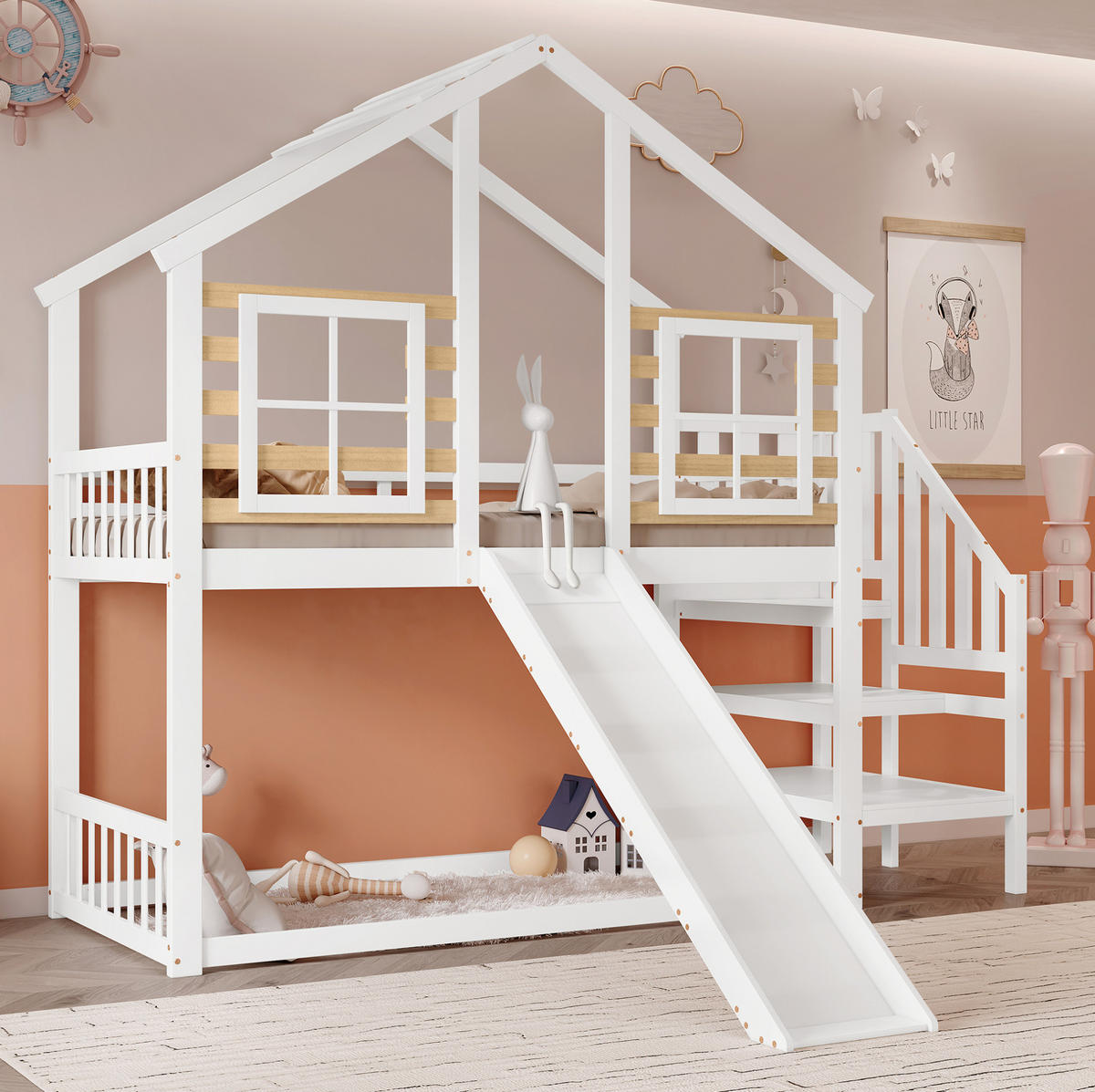 POSCHODOVÁ posteľ 90/200 cm biela/prírodná so šmykľavkou, schodíkmi a oknami z masívneho dreva a MDF - biela, kompozitné drevo (90/200cm) - OKWISH