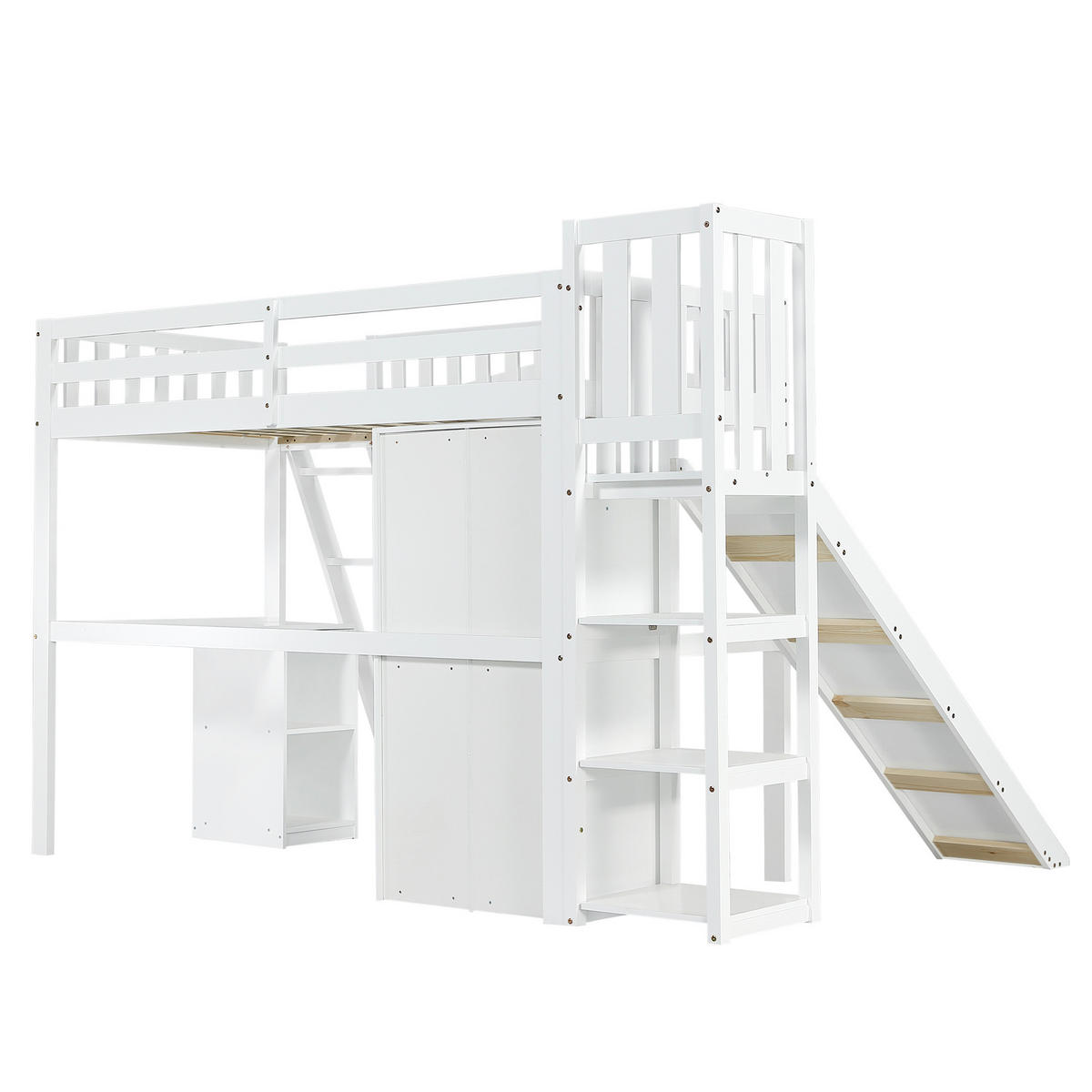 HOCHBETT 90/200 cm DE-02282, in Weiß, mit Rutsche, Tisch und Kleiderschrank - Weiß, Holz/Holzwerkstoff (90/200cm) - ComfortXL