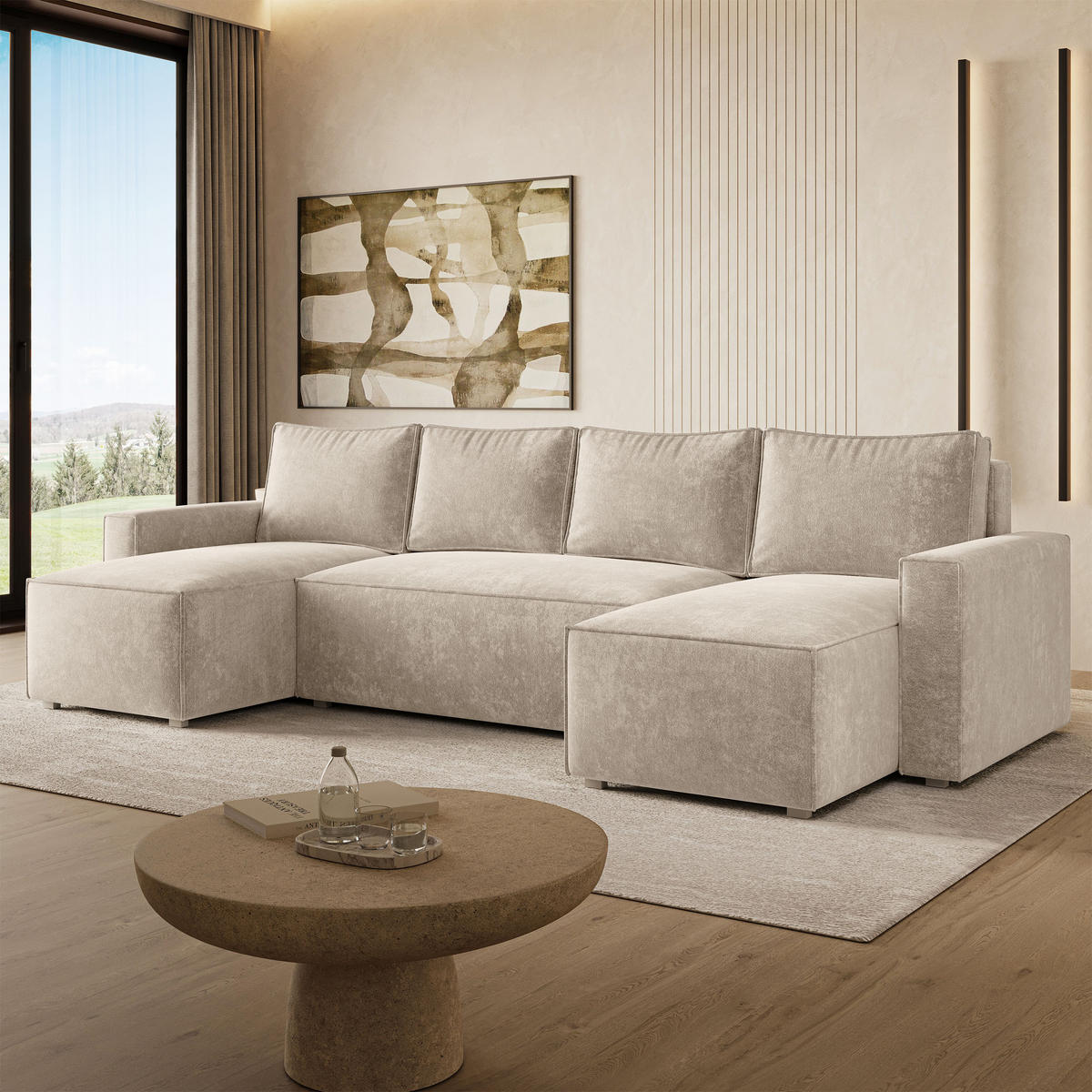 WOHNLANDSCHAFT ASPRA LM Creme Chenille mit Schlaffunktion - Creme, Holz (295/85/140cm) - MASSENO