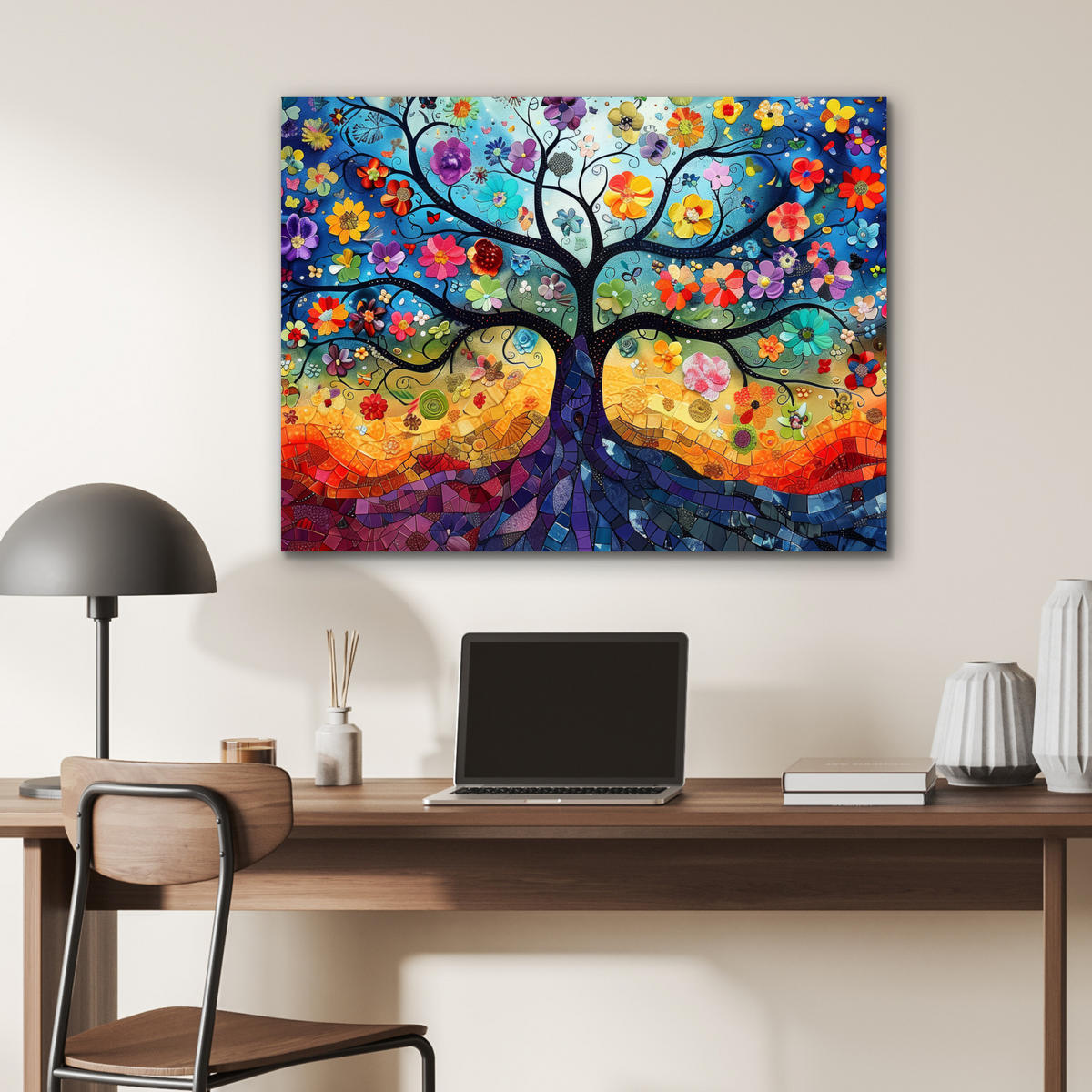 KOVOVÝ OBRAZ Umenie - Strom života - Kvety - Hippie 80x60 cm - tmavomodrá, kov (80/60cm) - MuchoWow