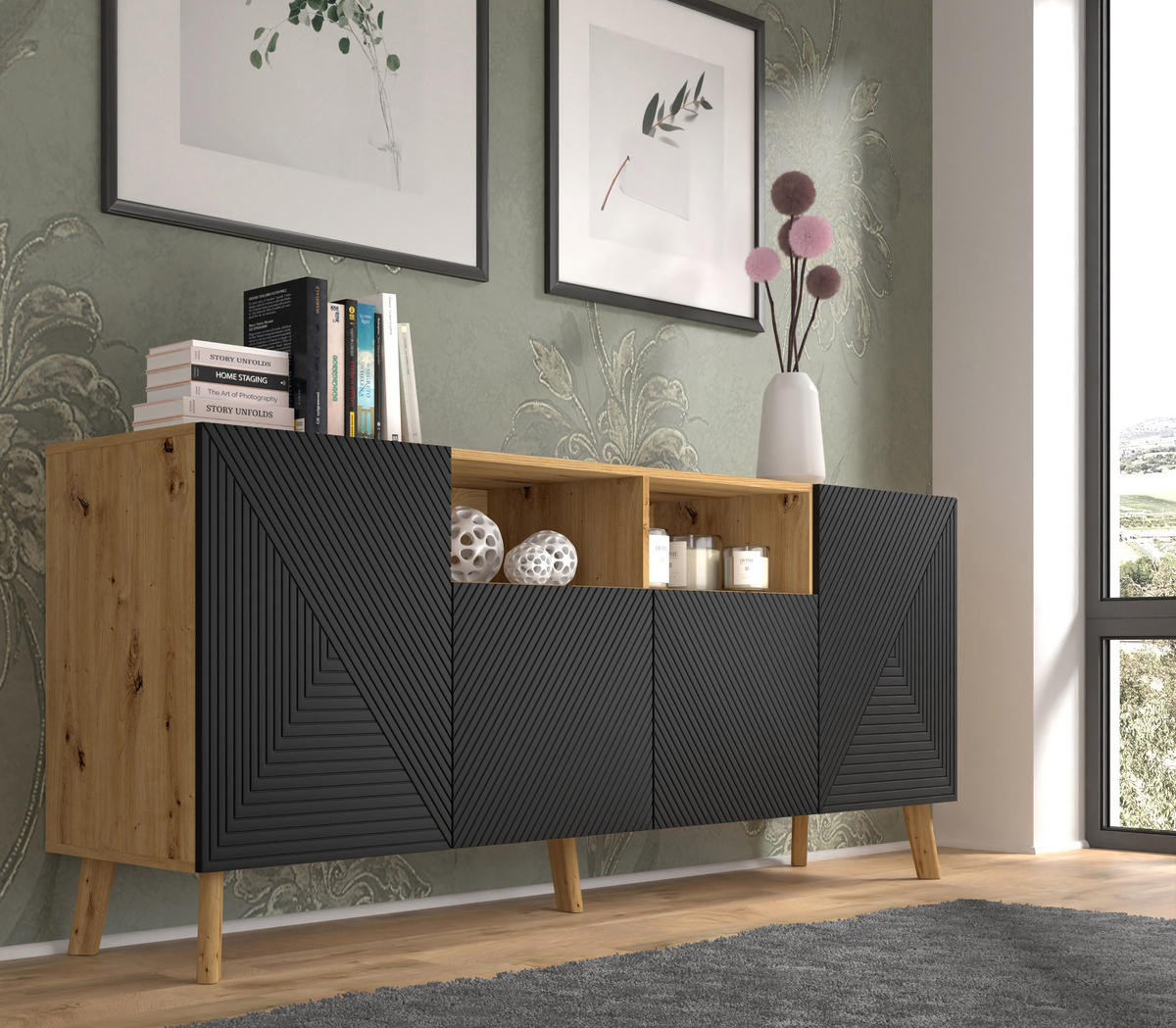KOMMODE Artisan Eiche, Schwarz 195/80/42 - Schwarz, Holzwerkstoff (195/80/42cm) - RAUMHIRSCH FURNITURE