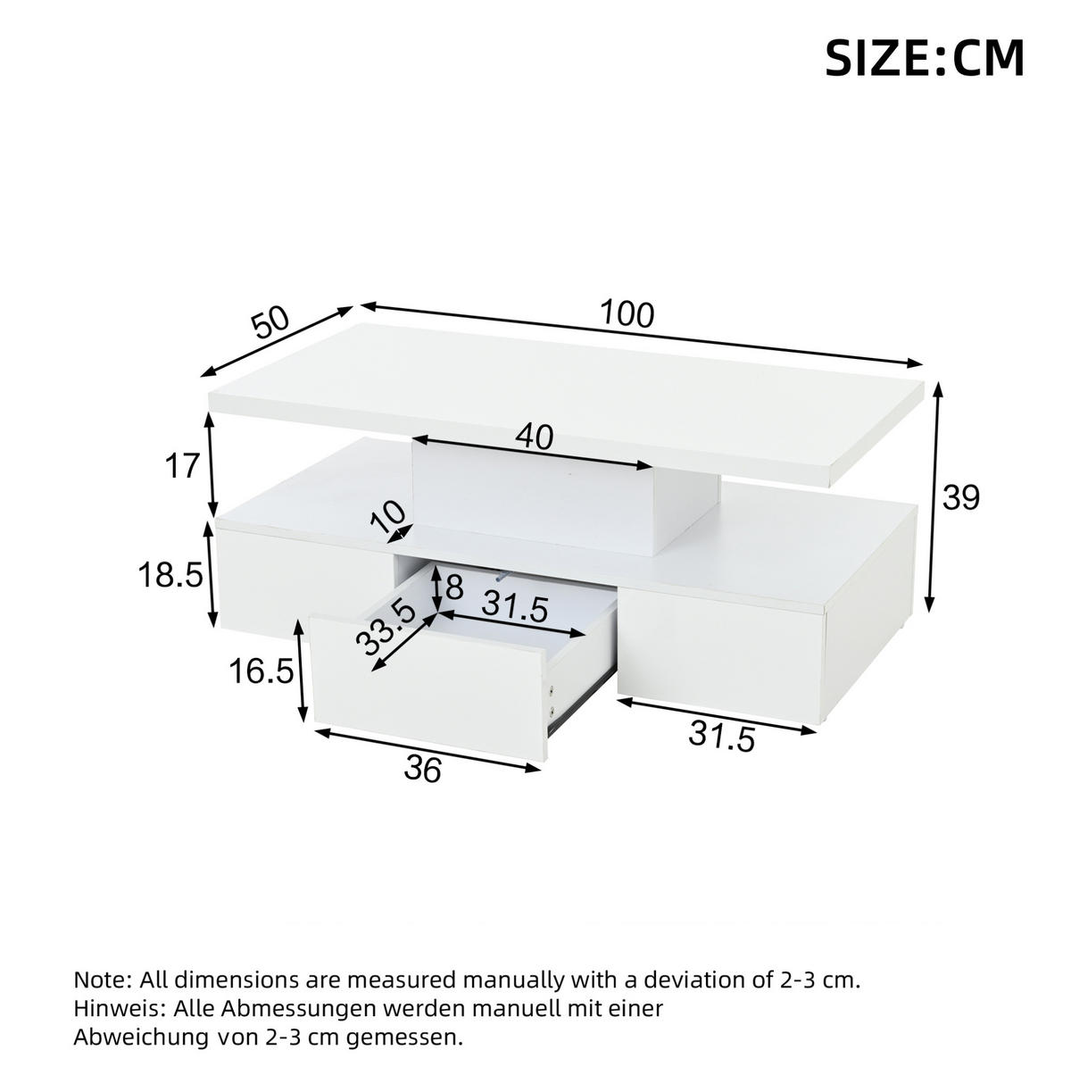 COUCHTISCH 100/50/39 cm mit LED-Beleuchtung, offener Ablage, Schublade und Hochglanz-Front aus Spanplatte, Weiß - Weiß, Holzwerkstoff (100/50/39cm) - Redom