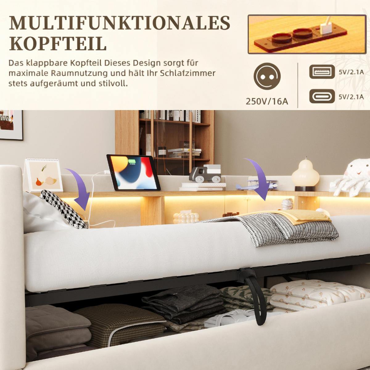 POLSTERBETT 90*190 cm mit Hydraulik, LED und Ablagen, Beige - Beige, Textil (90/190cm) - FLIEKS