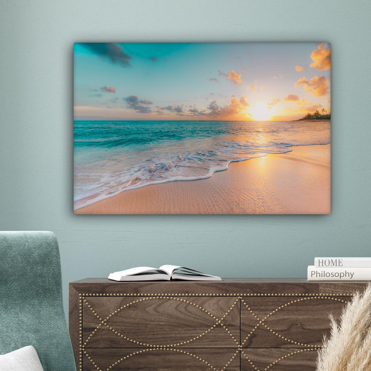 LEINWANDBILD - Sonnenuntergang - Strand - Meer - Sommer - Blau - 90x60 - Deko Wohnzimmer - Multicolor, Textil (90/60cm) - MuchoWow