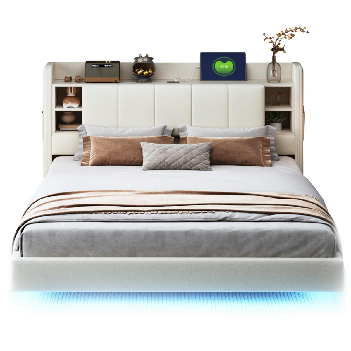 POLSTERBETT 160/200 cm Beige mit LED-Beleuchtung und Stauraum - Beige, Textil (160/200cm) - Flora Grace