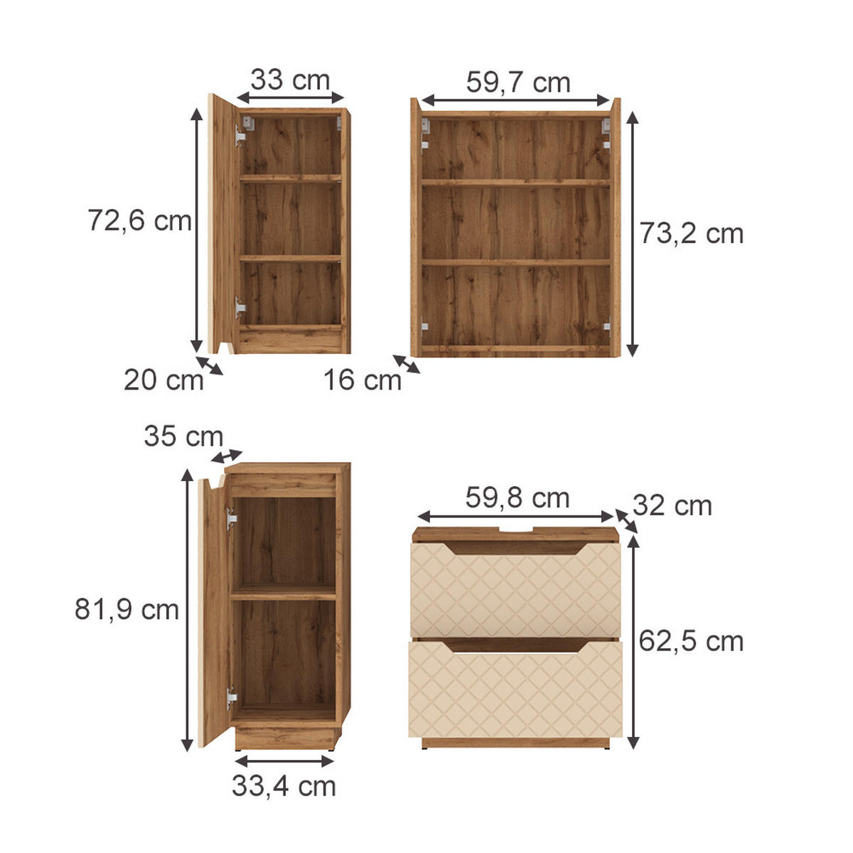 BADMÖBEL-SET Lotta Eiche/Kaschmir mit Kachelstruktur 4 Teile - Kaschmir/Eichefarben, Holzwerkstoff (59.8/62.5/32cm) - Vicco