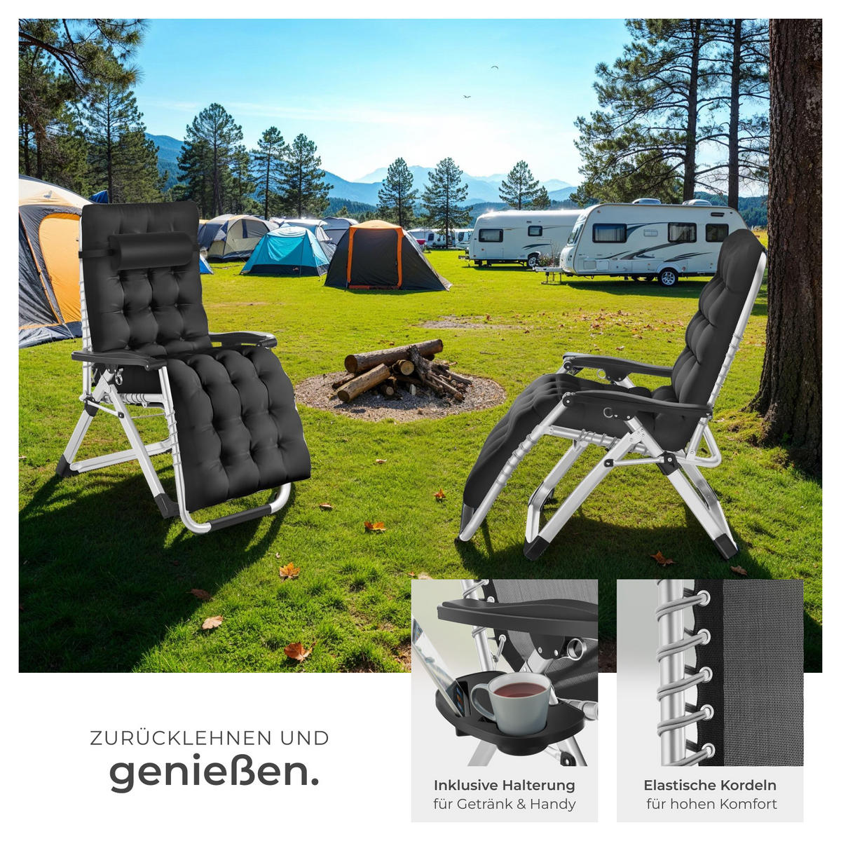 SONNENLIEGE Cloud,84 x 168 x 82,5 cm, mit Ablagetisch,schwarz - Schwarz, Kunststoff (84/103/113cm) - tectake