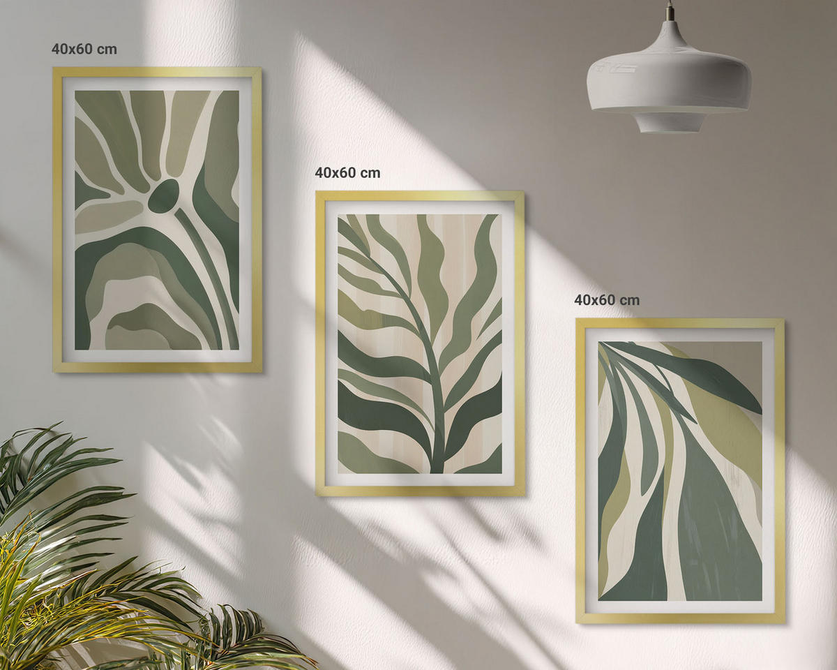 WANDBILDER 3er Set - 40x60 cm Goldrahmen - Illustrationen gemalter grüner Blätter - Goldfarben, Kunststoff (40/60cm) - ArtPrintCave