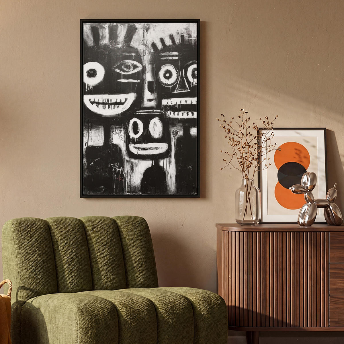 LEINWAND Bilder mit Rahmen - Malerei - Figuren - Schwarz - Abstrakt - 60x90 - Schwarz, Textil (60/90cm) - MuchoWow