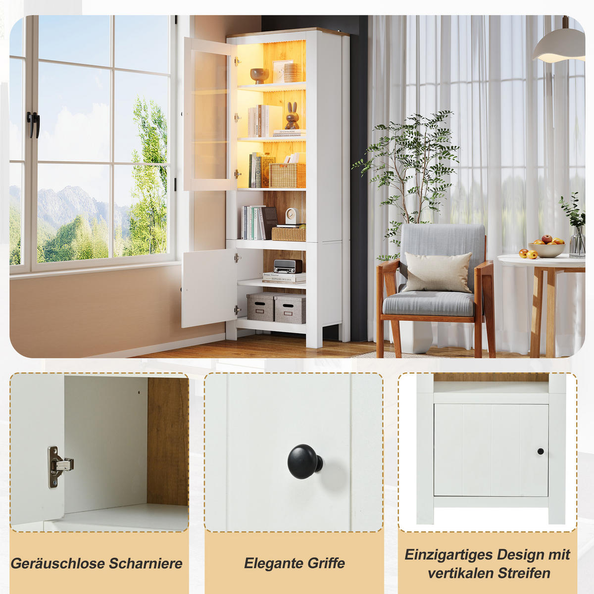 VITRINE LED Hochschrank Glas 188cm 6 Böden Weiß Holzoptik - Weiß, Holzwerkstoff (70/188/40cm) - FLIEKS