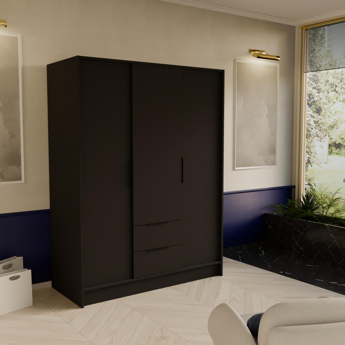 DREHTÜRENSCHRANK CAVA 150,5/200/51 cm Modern Kleiderschrank 3-türig Schwarz - Schwarz, Holzwerkstoff (150.5/200/51cm) - MASSENO