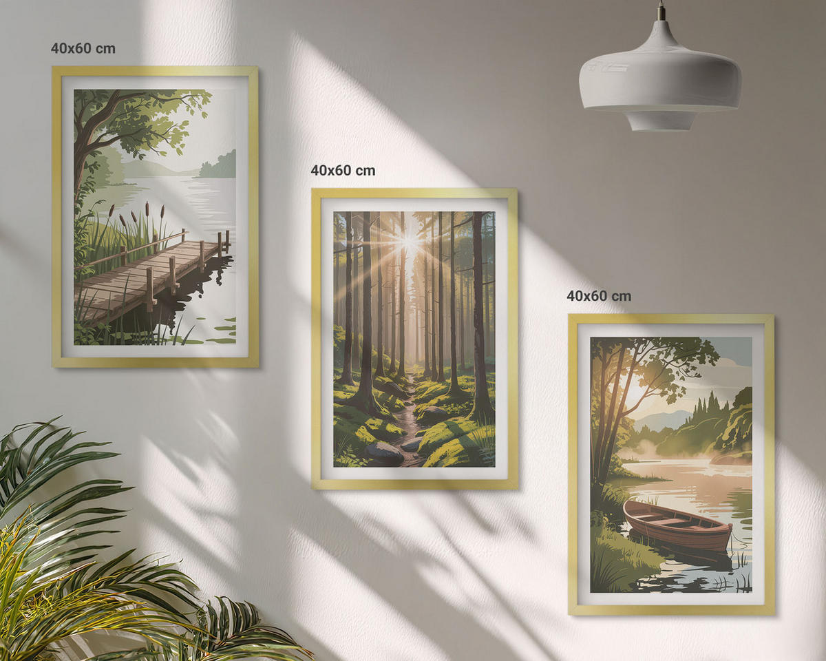 WANDBILDER 3er Set - 40x60 cm Goldrahmen - Landschaft aus Wald, See und Boot - Goldfarben, Kunststoff (40/60cm) - ArtPrintCave