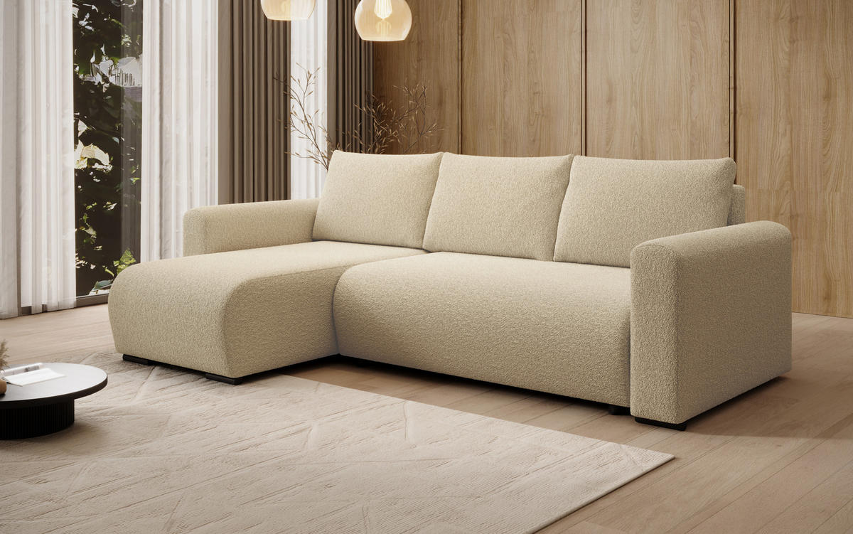 ECKSOFA DORA L, Eckcouch in L-Form mit Schlaffunktion und Bettkasten, Farbe: Creme, Bouclé-Stoff, Ottomane Links - Creme, Textil (240/143cm) - Storez24