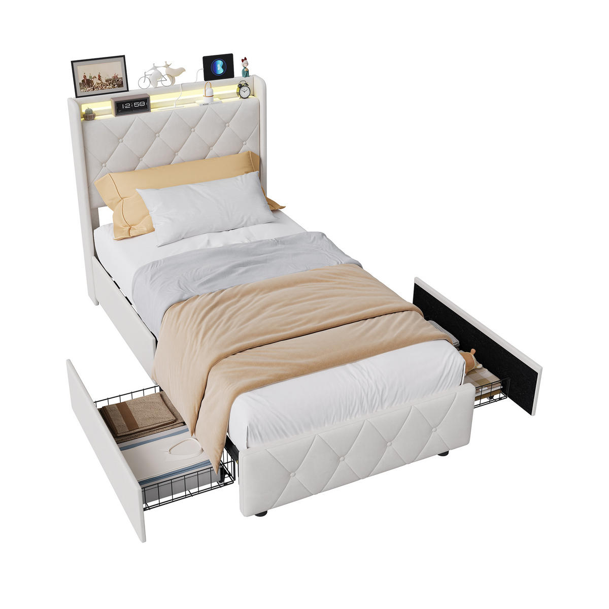 POLSTERBETT 90x200 cm mit 2 Schubladen, LED, USB & Type-C, Einzelbett Kopfteil und Lattenrost, Beige - Beige, Metall (90/200cm) - EuroLiving