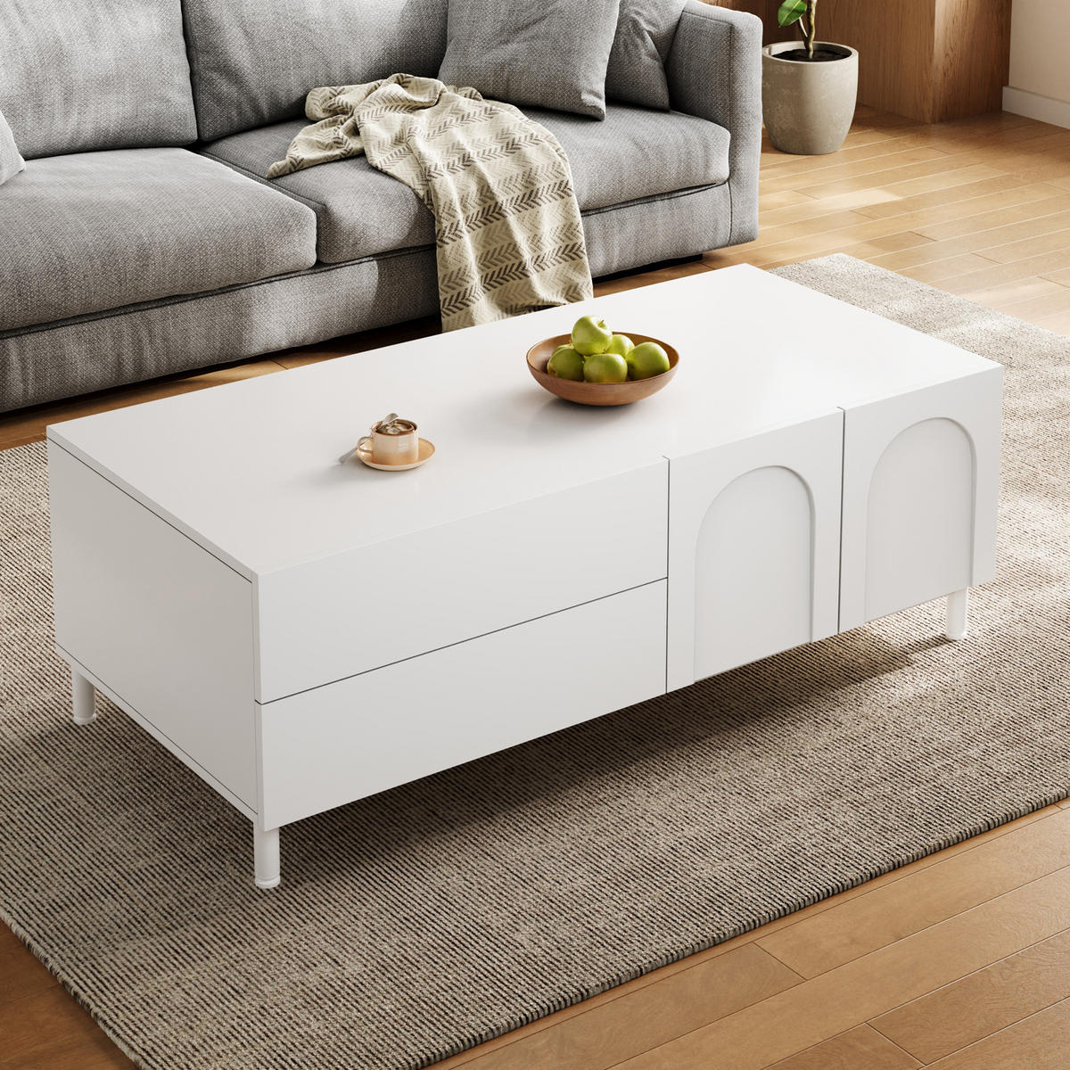 COUCHTISCH mit Stauraum, Bogenfront und Stahlfüßen im modernen Design - Weiß, Holzwerkstoff (100/50/39.5cm) - Korfee