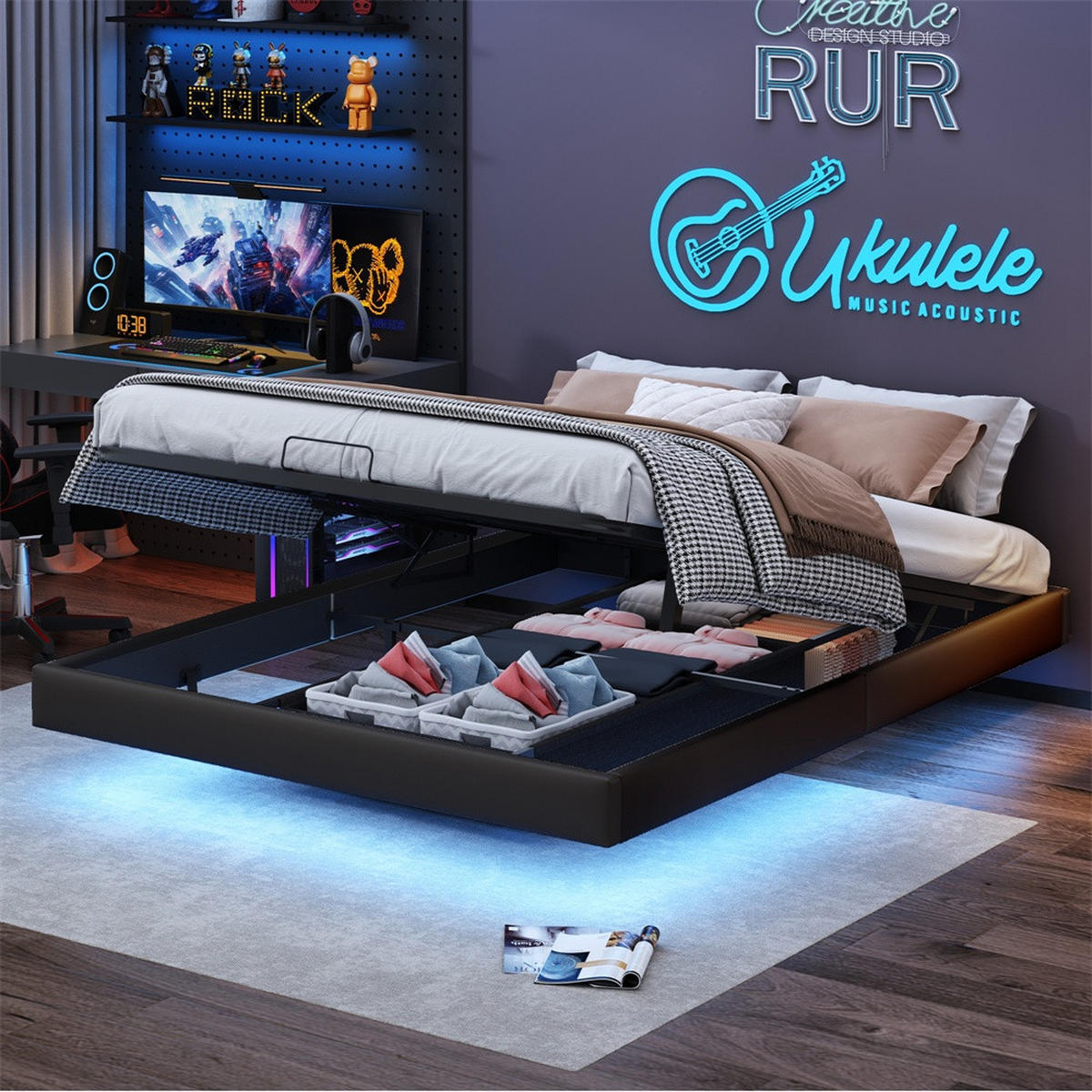 POLSTERBETT 160 x 200 cm ohne Kopfteil mit LED-Beleuchtung & hydraulischem Stauraum - PU-Leder - Schwarz - Schwarz, Textil (160/200cm) - DELFA