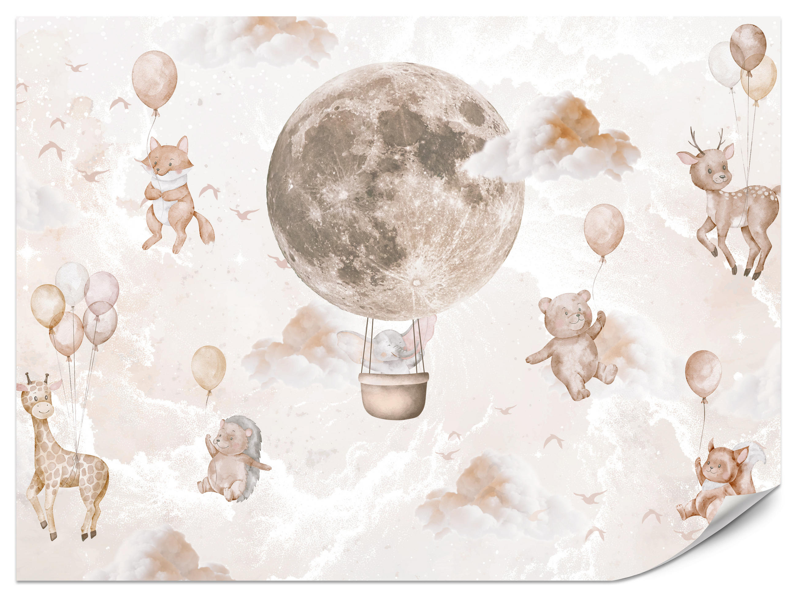 FOTOTAPETE für Kinderzimmer Mond Ballons Bär Rehkitz Giraffe Wolken 200x140 - Beige/Rosa, Papier (200/140cm) - Muralo
