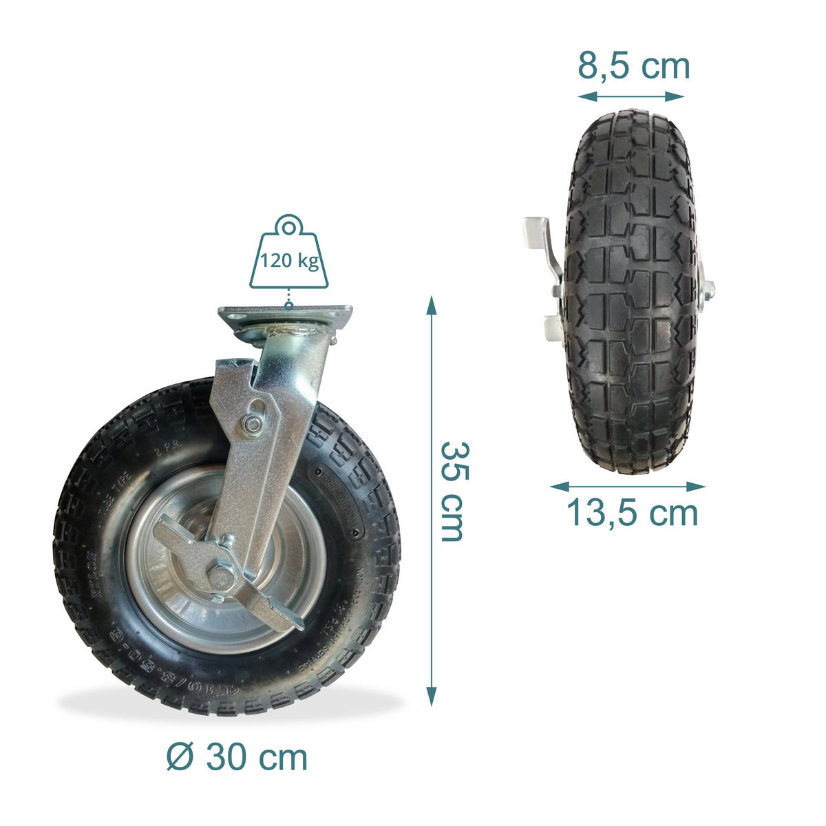 KOLEČKO černo-stříbrné nafukovací otočné s brzdou 120 kg - různobarevná, kov/plast (30/39/36cm) - Relaxdays