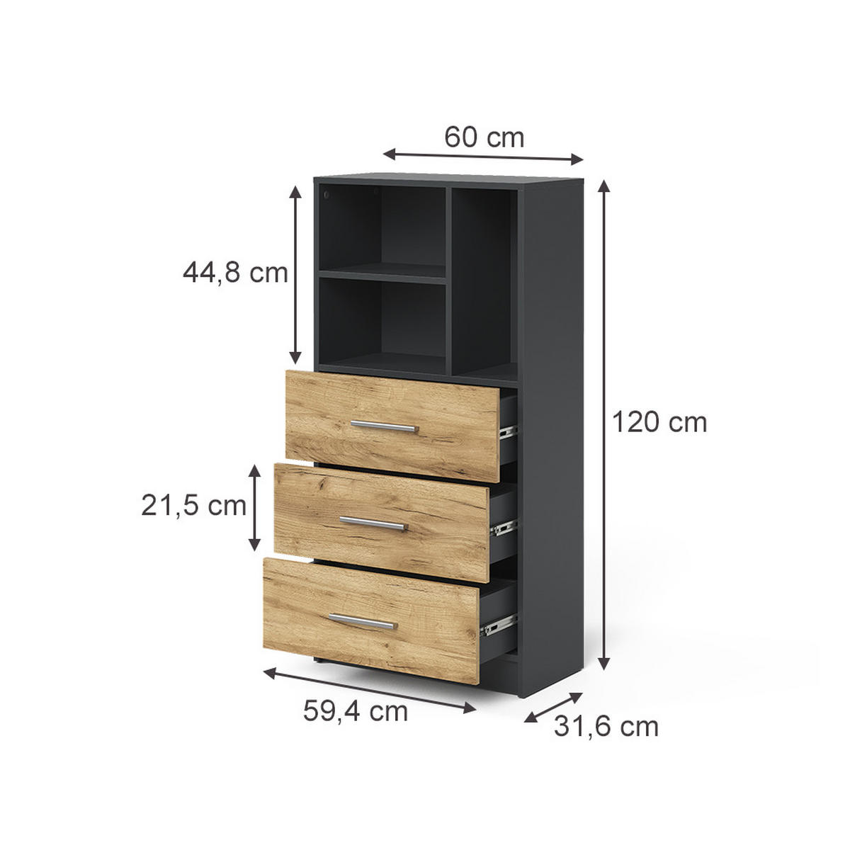 UNIVERSALSCHRANK Tomy, Anthrazit/Goldkraft Eiche, 60 x 120 cm mit 3 Schubladen - Honigeiche/Anthrazit, Holzwerkstoff (60/120/31.6cm) - Vicco