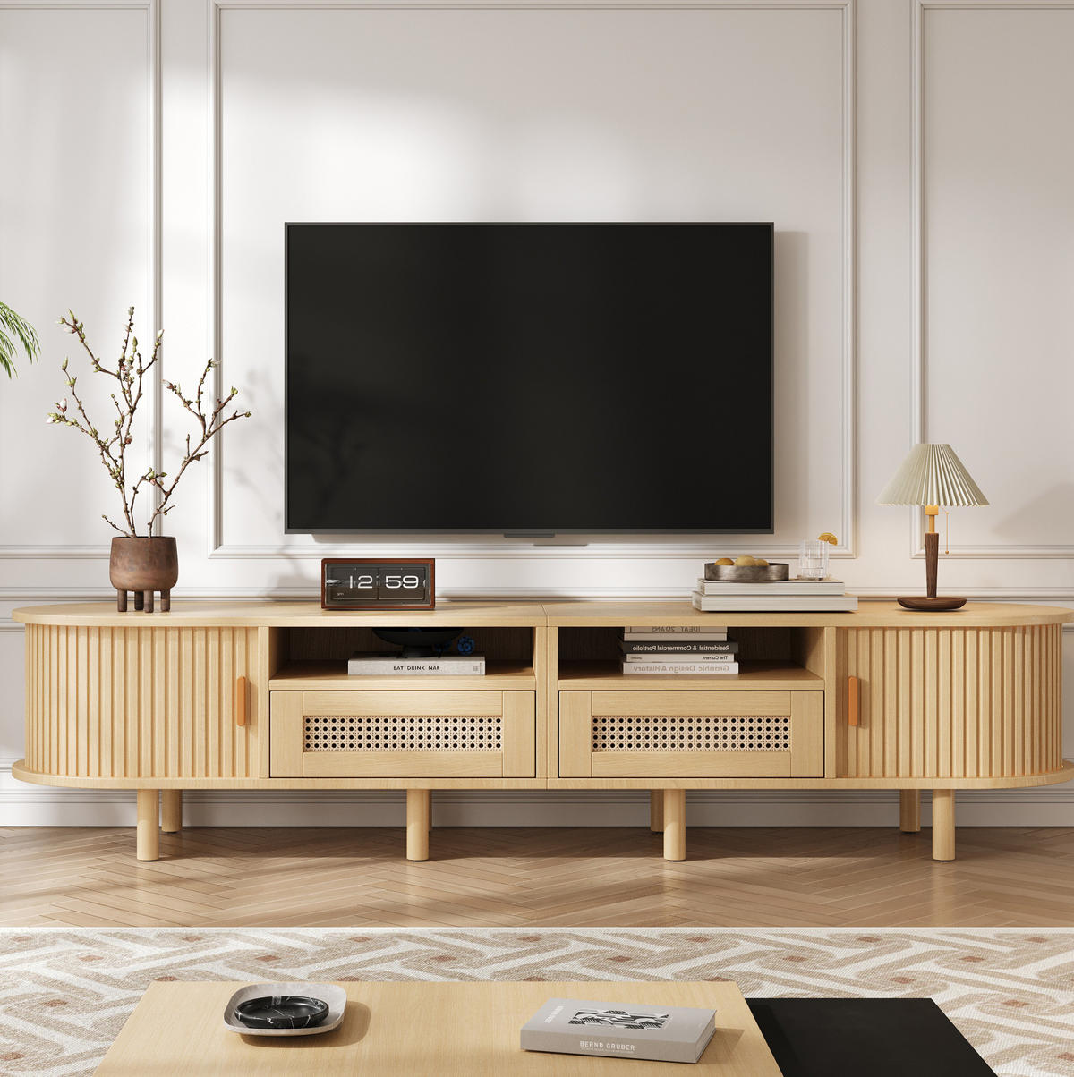 LOWBOARD 170/40/40 cm Eiche hell aus MDF mit Rattanfronten und Schiebetüren - Naturfarben, Holzwerkstoff (40/40/170cm) - OKMYHOME