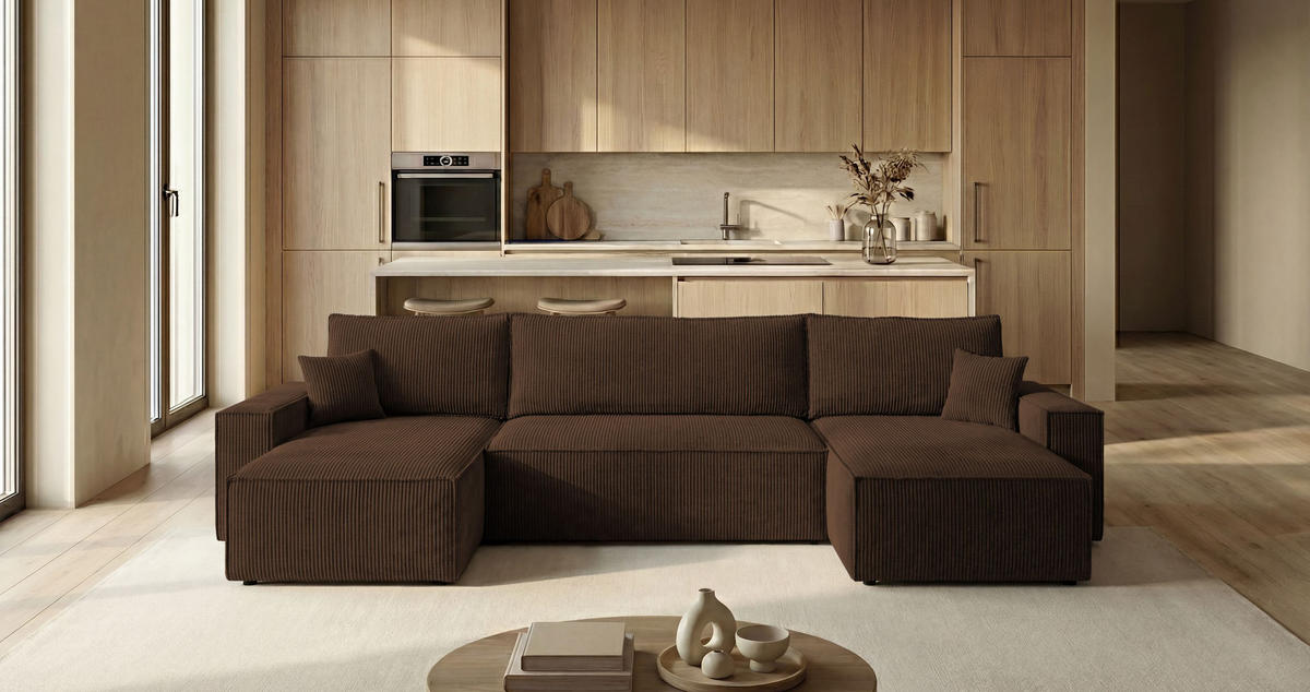 SEDACÍ souprava CALIFORNIA MINI tvar U hnědá manšestr Poso 6 - funkce spaní, úložný prostor - hnědá, textil (312/85/142cm) - Cornero