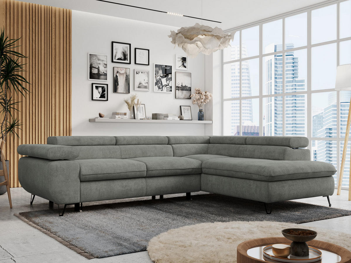 ECKSOFA PETER L Grau Struktur - Rechts Seite - Schwarz/Grau, Textil/Metall (273/208cm) - MKS