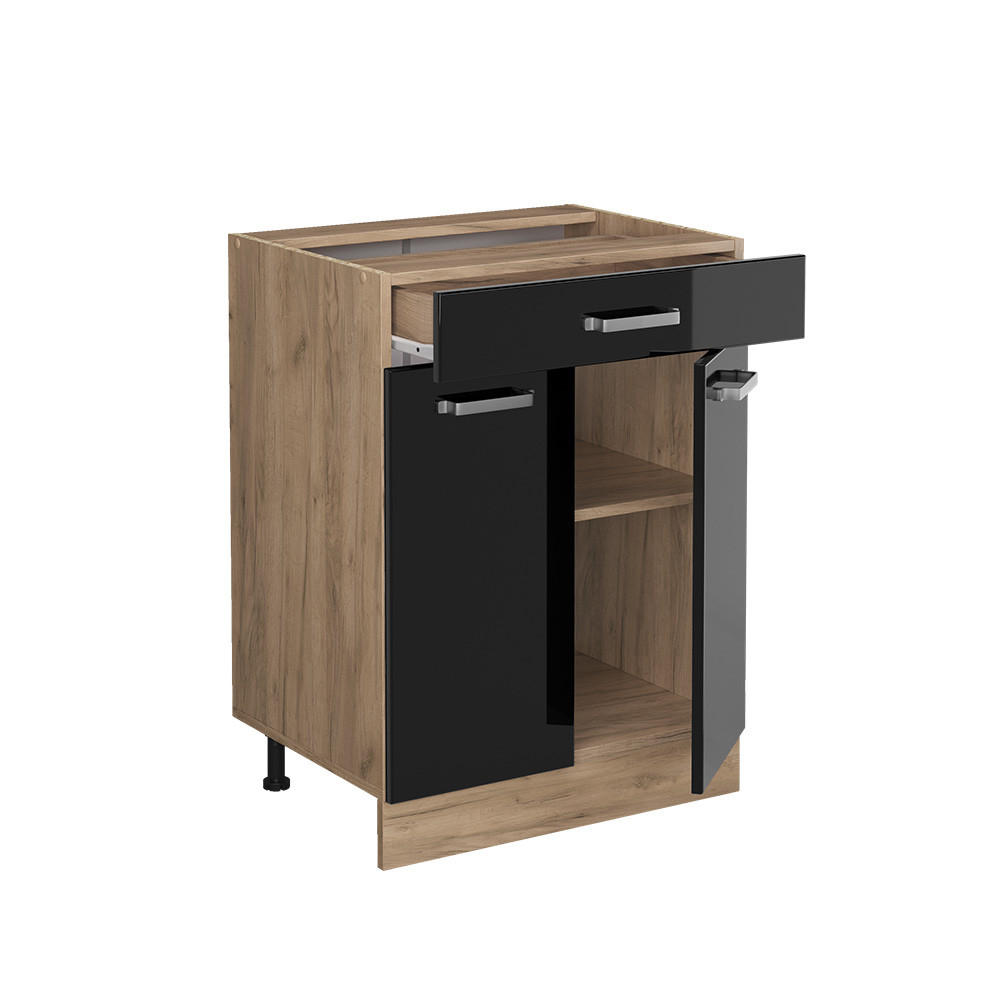 KÜCHENUNTERSCHRANK R-Line Schwarz Hochglanz 60 cm mit Schublade, ohne Arbeitsplatte - Honigeiche/Schwarz Hochglanz, Holzwerkstoff (60/81.6/46cm) - Vicco