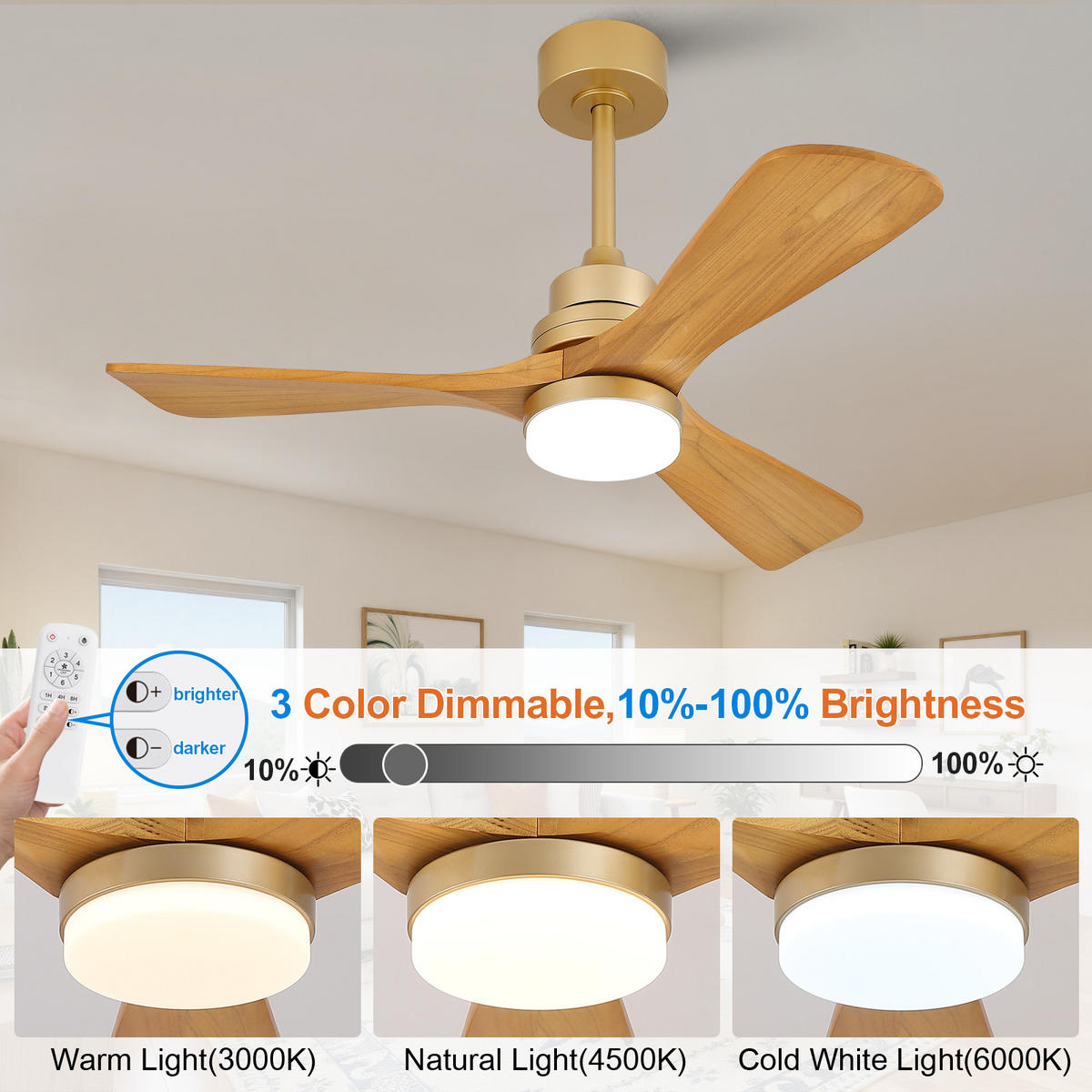 DECKENVENTILATOR 42Zoll Holz LED Licht Gold 3 Flügel Fernbedienung - Braun, Kunststoff (107/107/37cm) - CASIVA