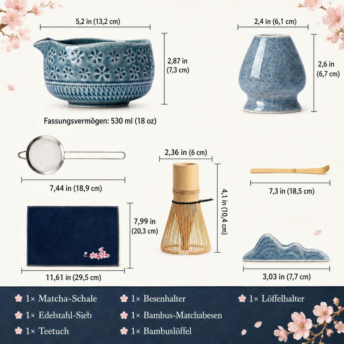 MATCHA-SET 7-teiliges Set mit Schüssel und Schneebesen - Blau, Keramik (11.6/21/29.5cm)