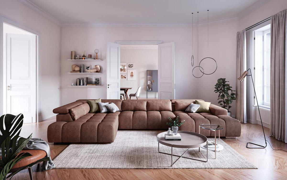 WOHNLANDSCHAFT XXL mit verstellbaren Kopflehnen - Silberfarben/Braun, Textil/Metall (409/73/225cm) - Cotta