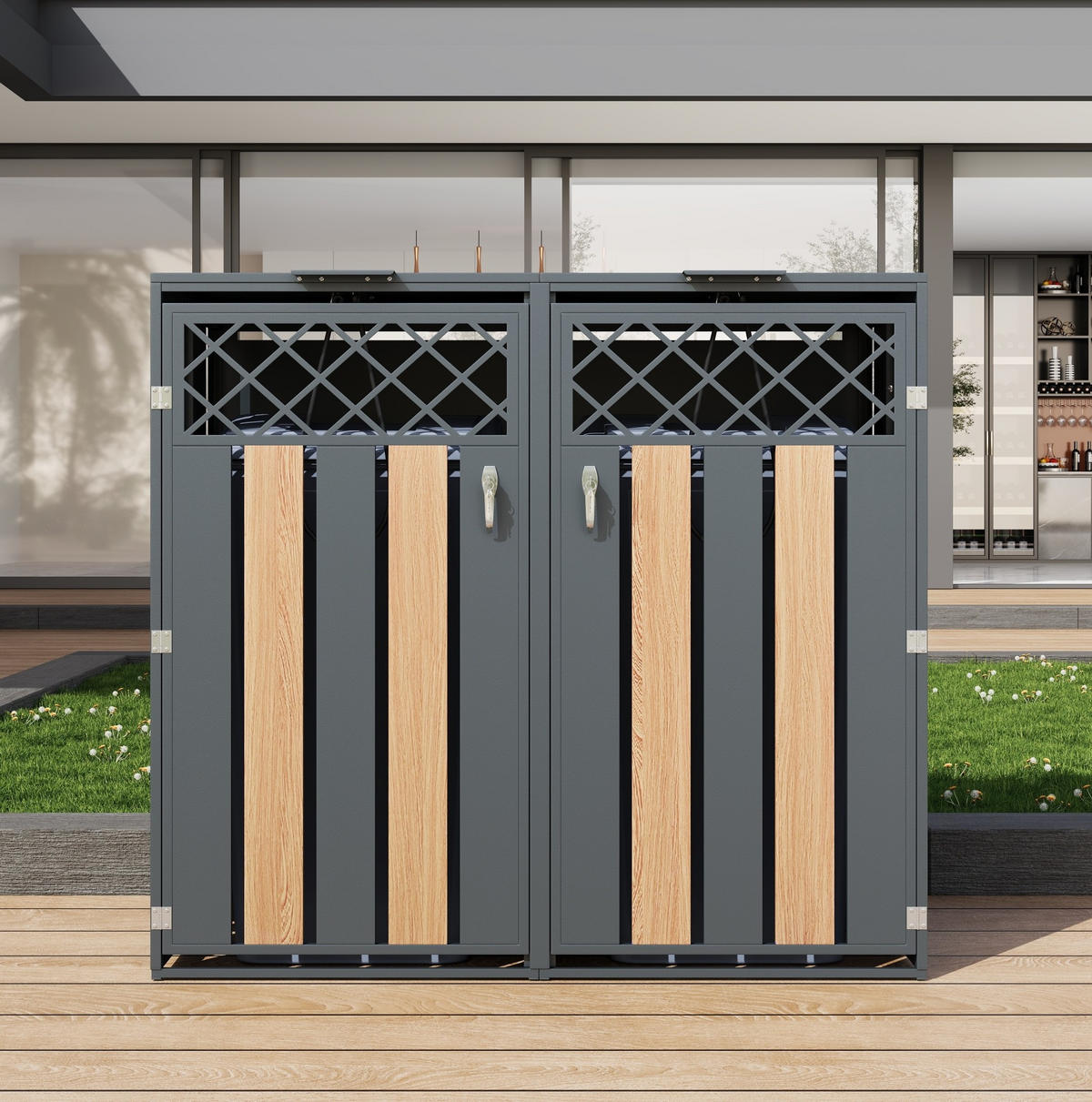 MÜLLTONNENBOX aus Stahl in Grau Holzoptik mit Klappdeckel 132x80x118,5 cm - Grau, Metall (132/118.5/80cm) - Modfu