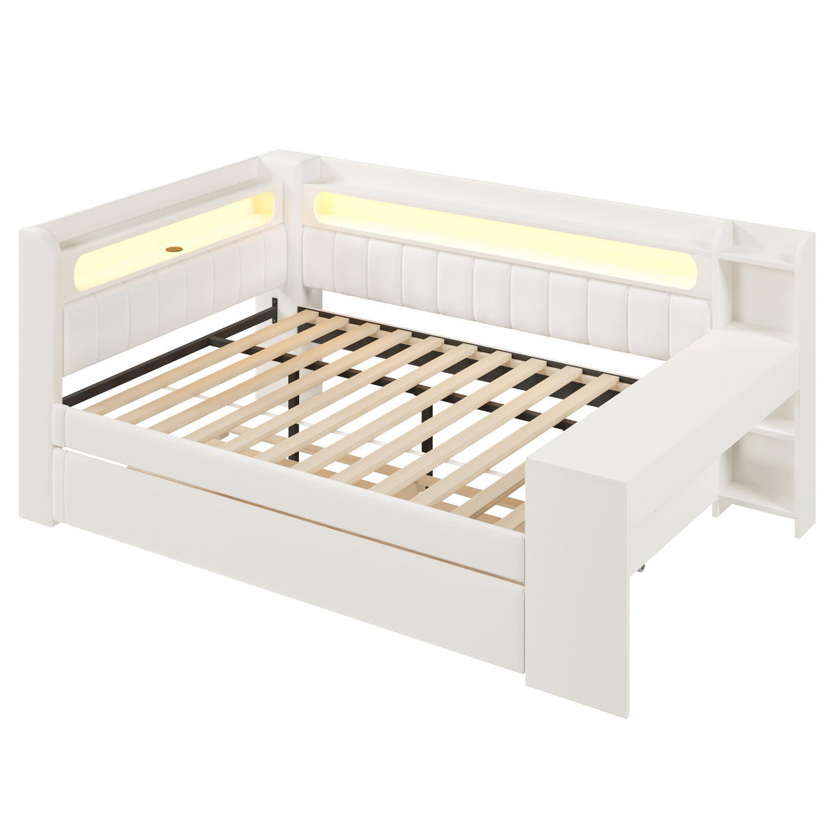RAHMENBETT 140x200cm, USB, LED, Ausziehbett, Schreibtisch, gepolstert, Weiß - Weiß, Holzwerkstoff (140/200cm)