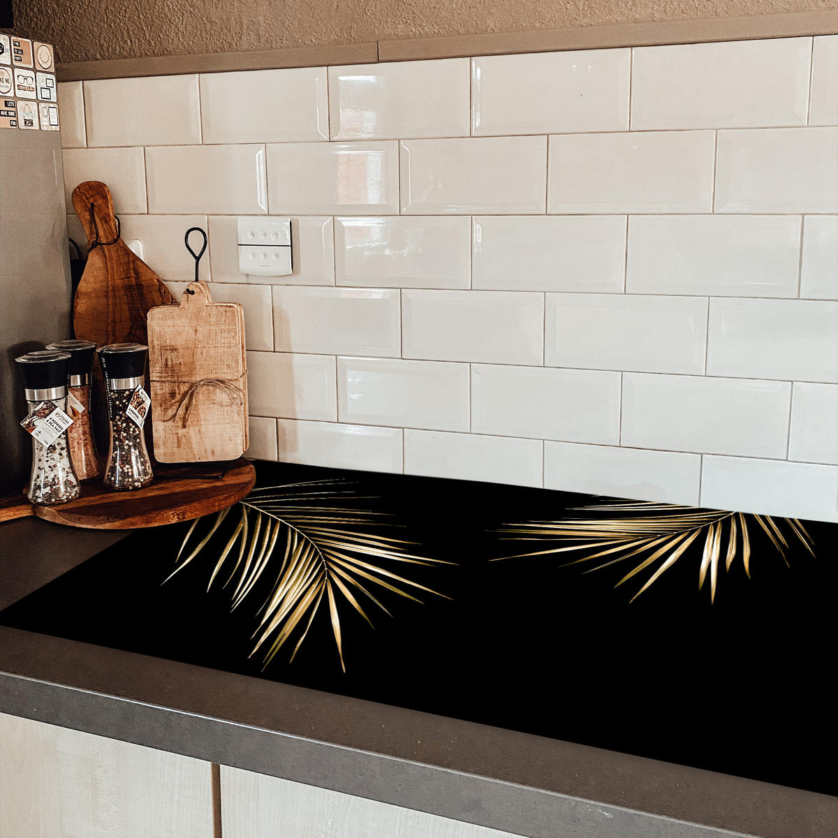 HERDABDECKPLATTE Blätter - Pflanzen - Gold - Schwarz - Luxus 91x52 cm - Goldfarben, Kunststoff (91.6/0.2/52.7cm) - MuchoWow