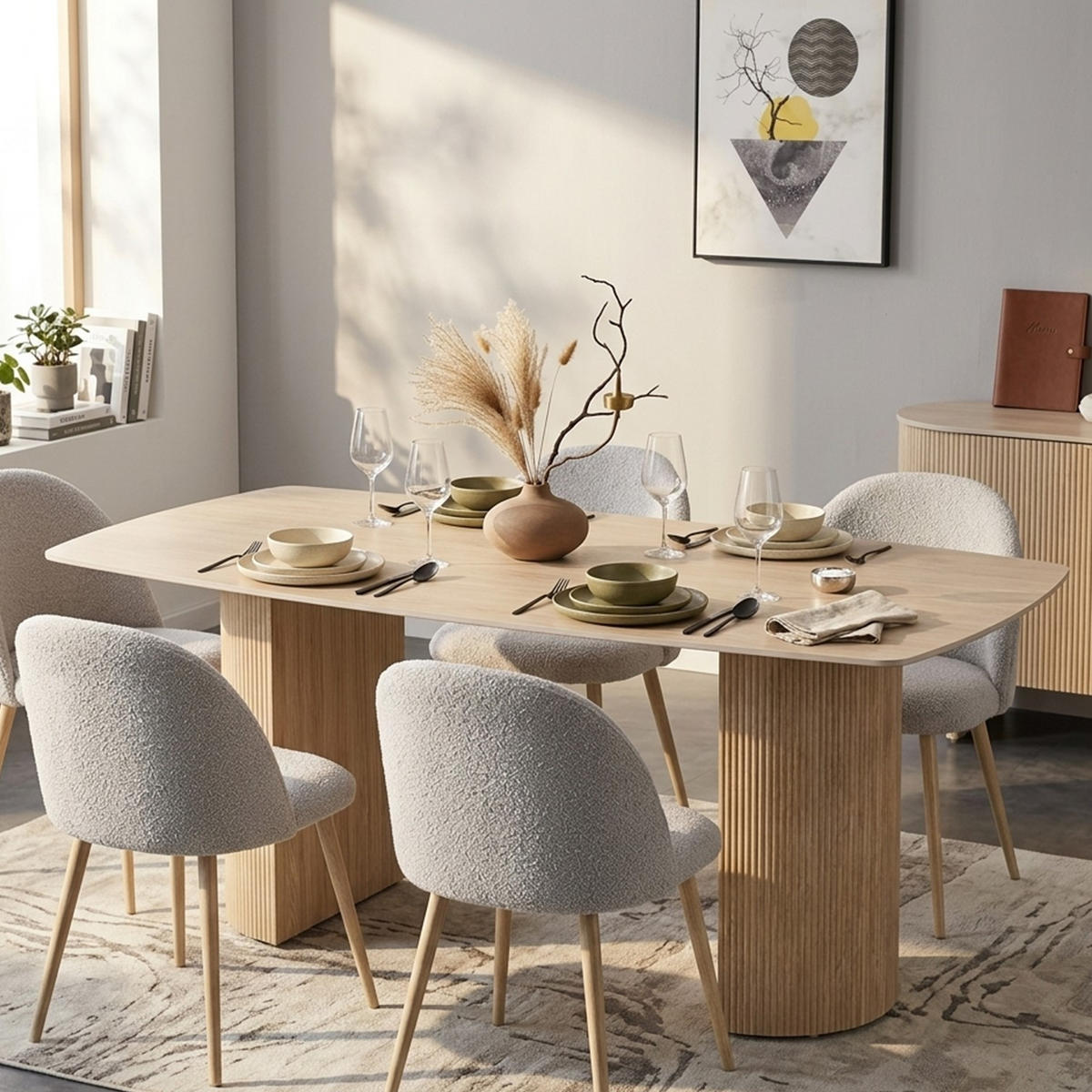 ESSTISCH Keramik Travertin-Optik geriffeltes Säulengestell Sand 180 × 90 cm - Sandfarben, Keramik/Metall (90/180/75cm) - HOOZ